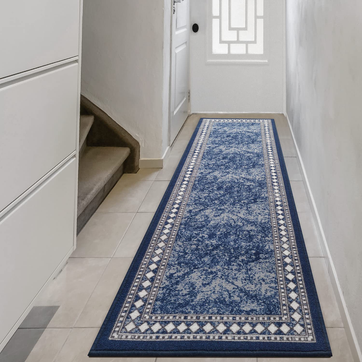 Antep Rugs Alfombras Modern Bordered 2x10 Non-Skid (Non-Slip) Low Profile Pile Rubber Backing Indoor Area Runner Rugs (Navy Blue