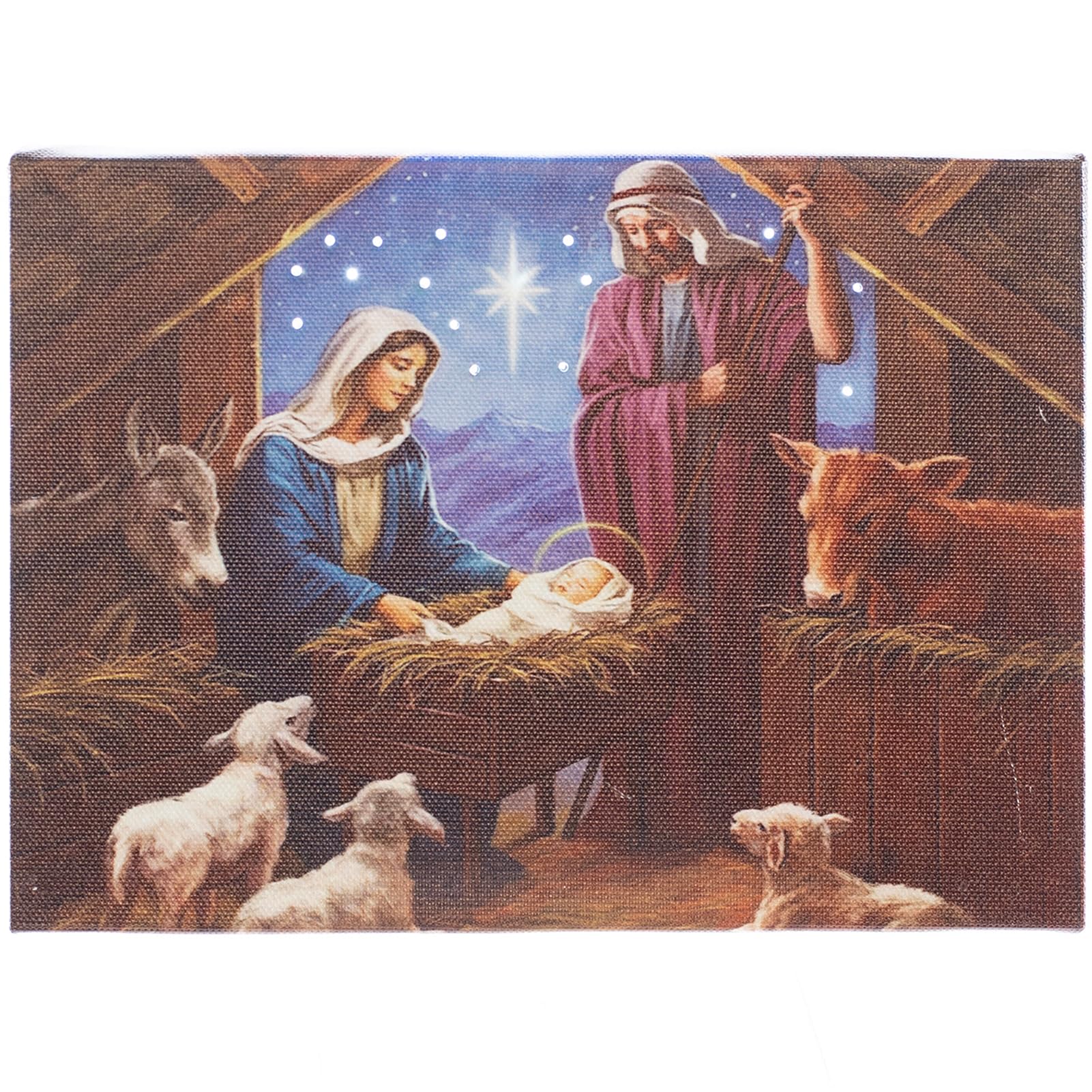Light Up Nativity Secene Tabletop Canvas Art With Timer, Jesus' Birthday Poster With Stand, Birth Of Jesus Small Canvas Wall Art