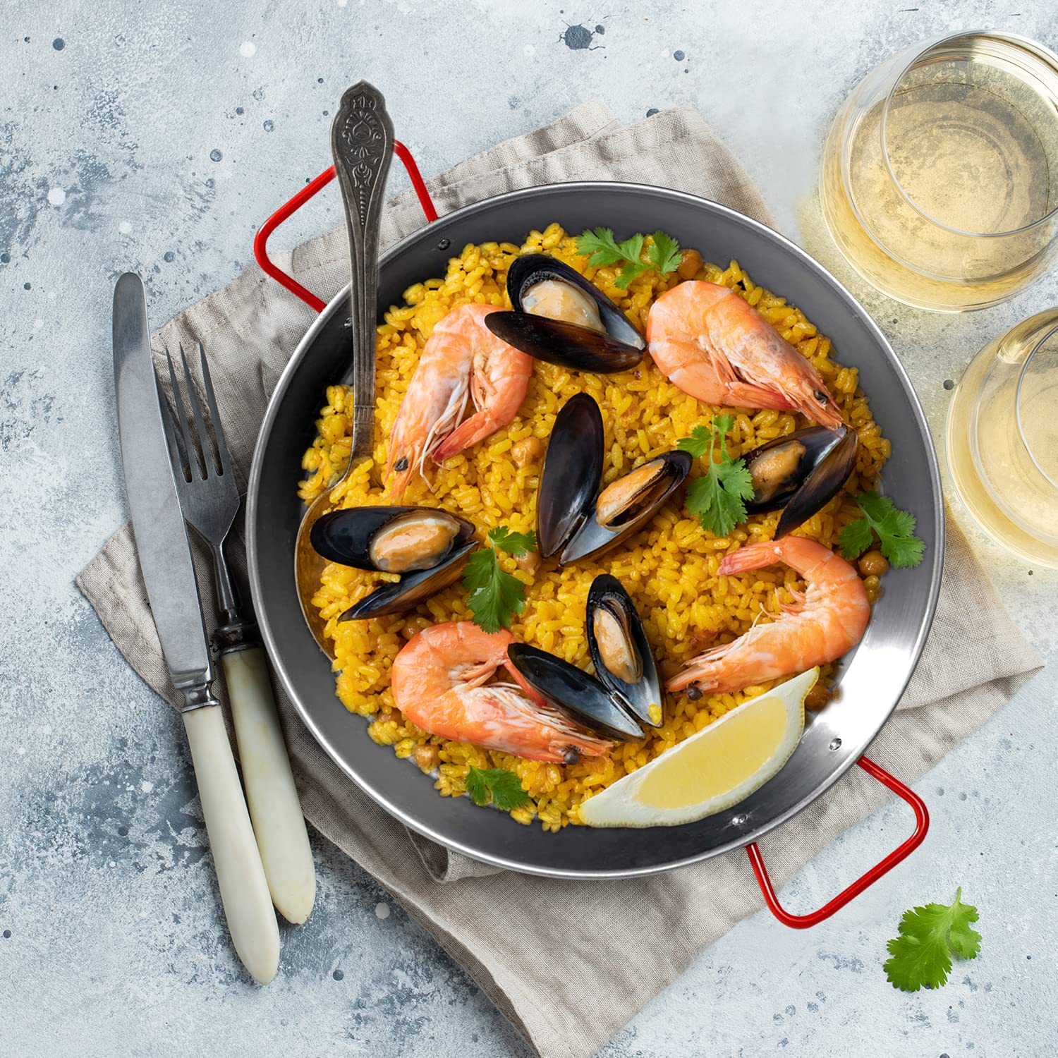 Gourmanity 12 Inch Carbon Steel Paella Pan, 30Cm Polished Steel Large Skillet From Spain, Great For Paella Parties Indoors, Outd