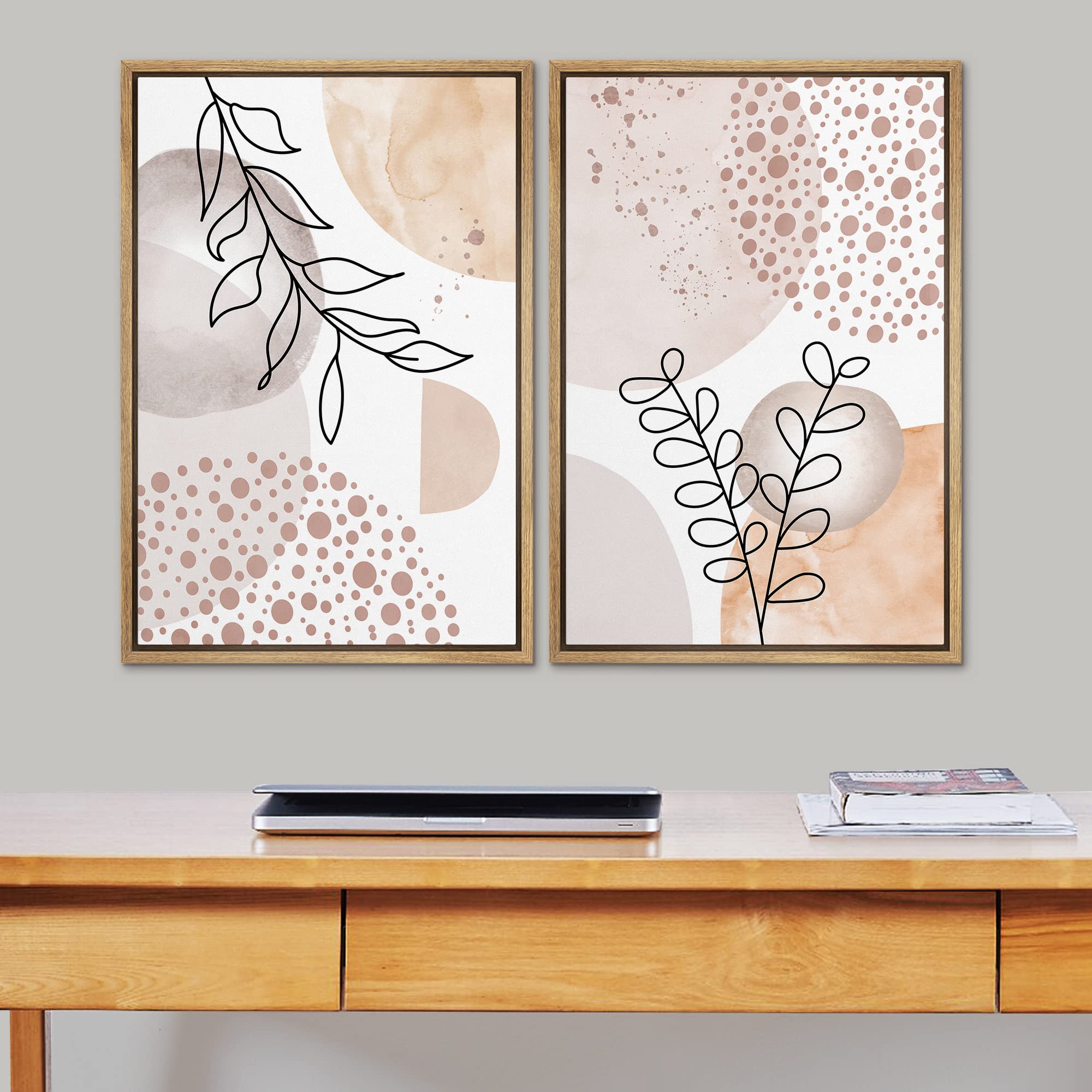 Signford Framed Canvas Print Wall Art Set Mid-Century Pastel Forest Plant Sketches Abstract Shapes Illustrations Modern Art Deco