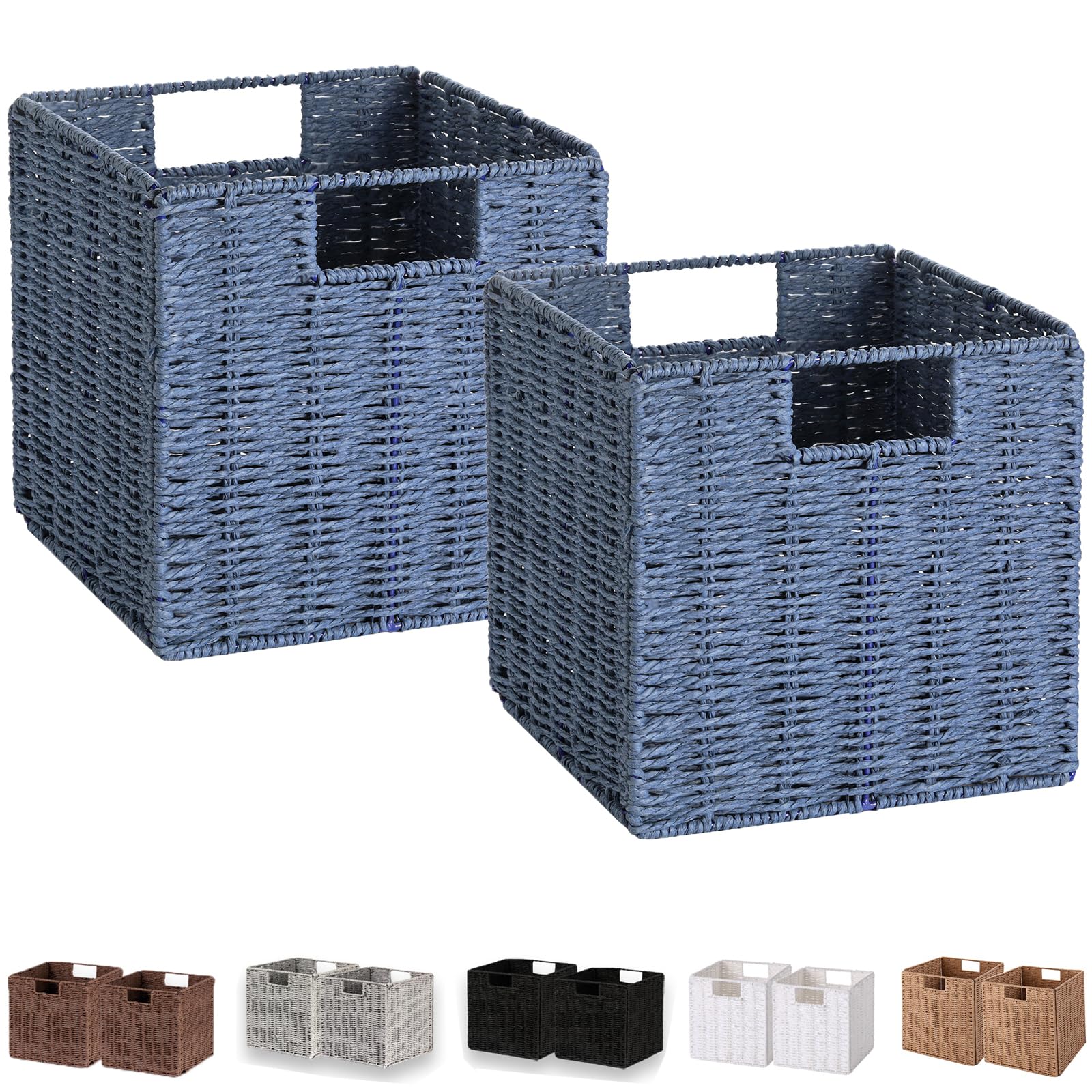 Vagusicc Wicker Storage Basket, Set Of 2 Handwoven Paper Rope Collapsible Woven Baskets, 9'' X 9'' X 9'' Cube Storage Bins With