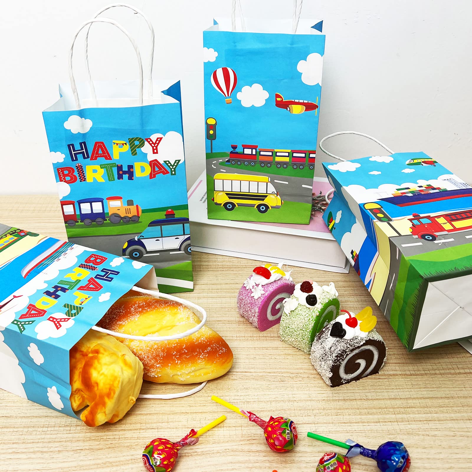 Gisgfim 12Pcs Transportation Party Favor Gift Bags Transportation Theme Party Treat Paper Candy Goodie Bag With Handle For Trans