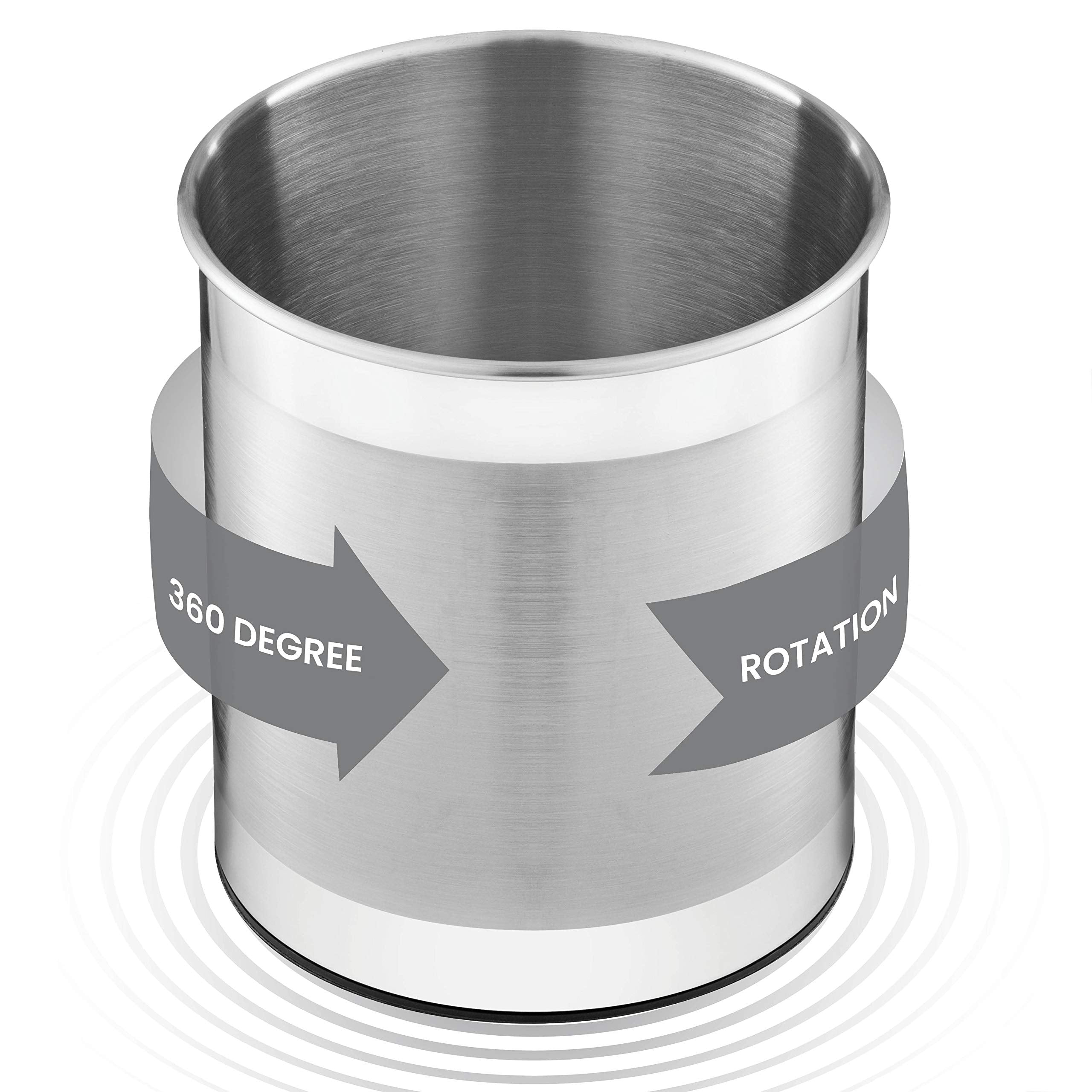 Finedine Rotating Utensil Crock With Weighted Base For Stability, Stainless Steel Utensil Caddy With Removable Divider, Brushed