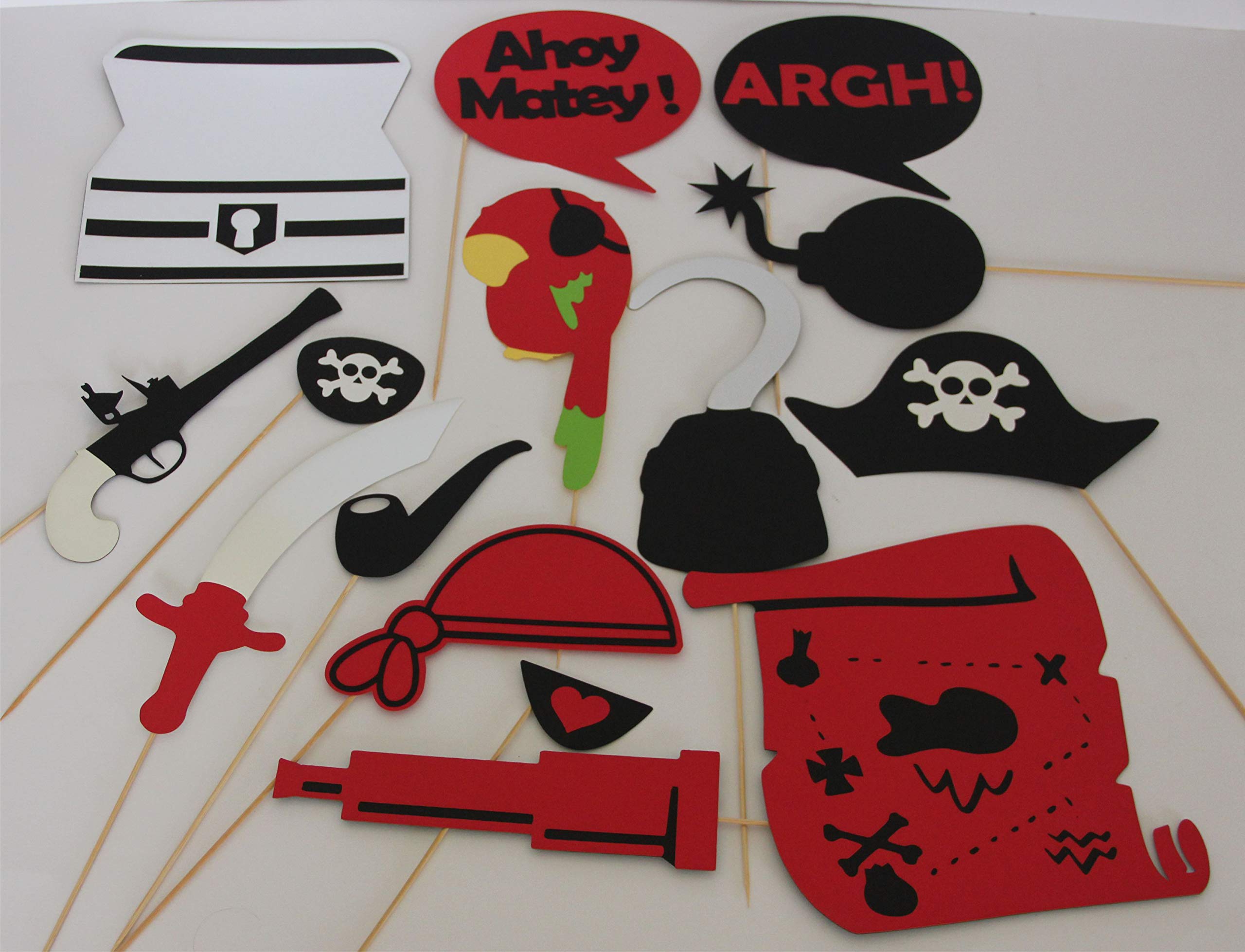 Pinfliers Pirate Themed Paper Photo Booth Props, A Set of 15, Red, Black, White and Silver