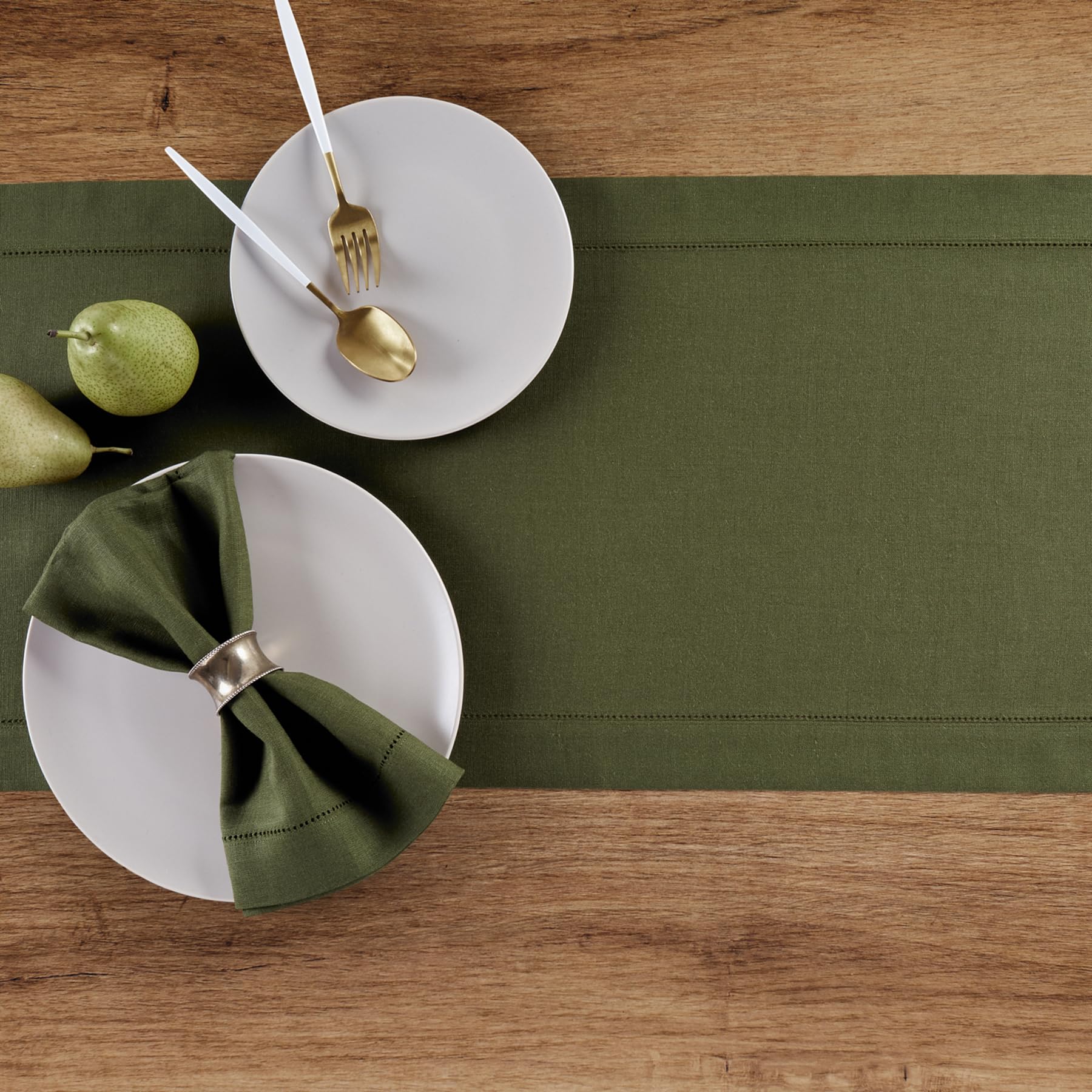 Solino Home Linen Olive Table Runner 90 Inches Long - 100% Pure Linen Classic Hemstitch Dining Table Runner 14 X 90 Inch Ideal F