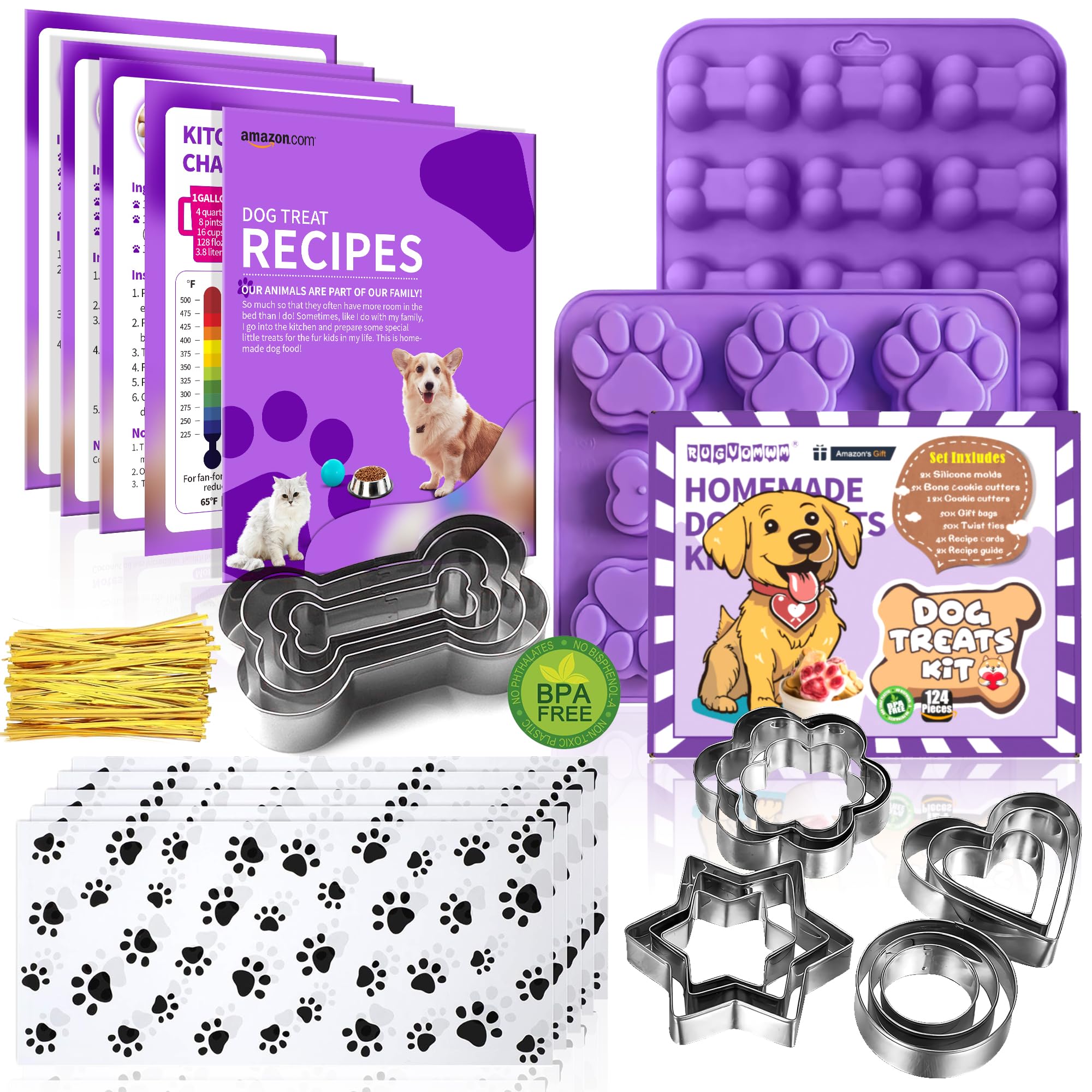 Homemade Dog Treat Molds Silicone,Cookie Cutters,Including 2 Silicone Mold,5+12 Cookie Cutters and, 4 Dog Treat Recipes Card, 50