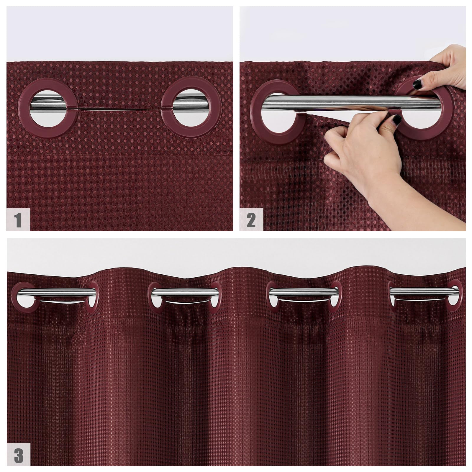 MitoVilla Burgundy Waffle Shower Curtain with Snap-in Liner, 72"x74", Heavy Duty Polyester for Luxury Bathroom Decor