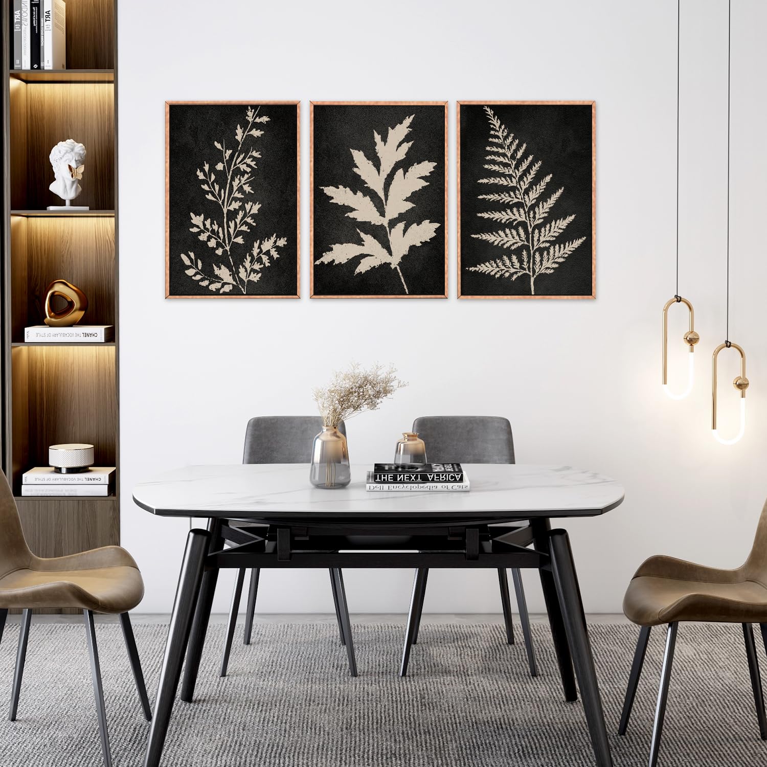 Ausril Black Tan Fern Leaf Framed Canvas Wall Art Set, Minimalist Botanical Wall Decor, Nature Fern Plant Silhouette Wall Painti