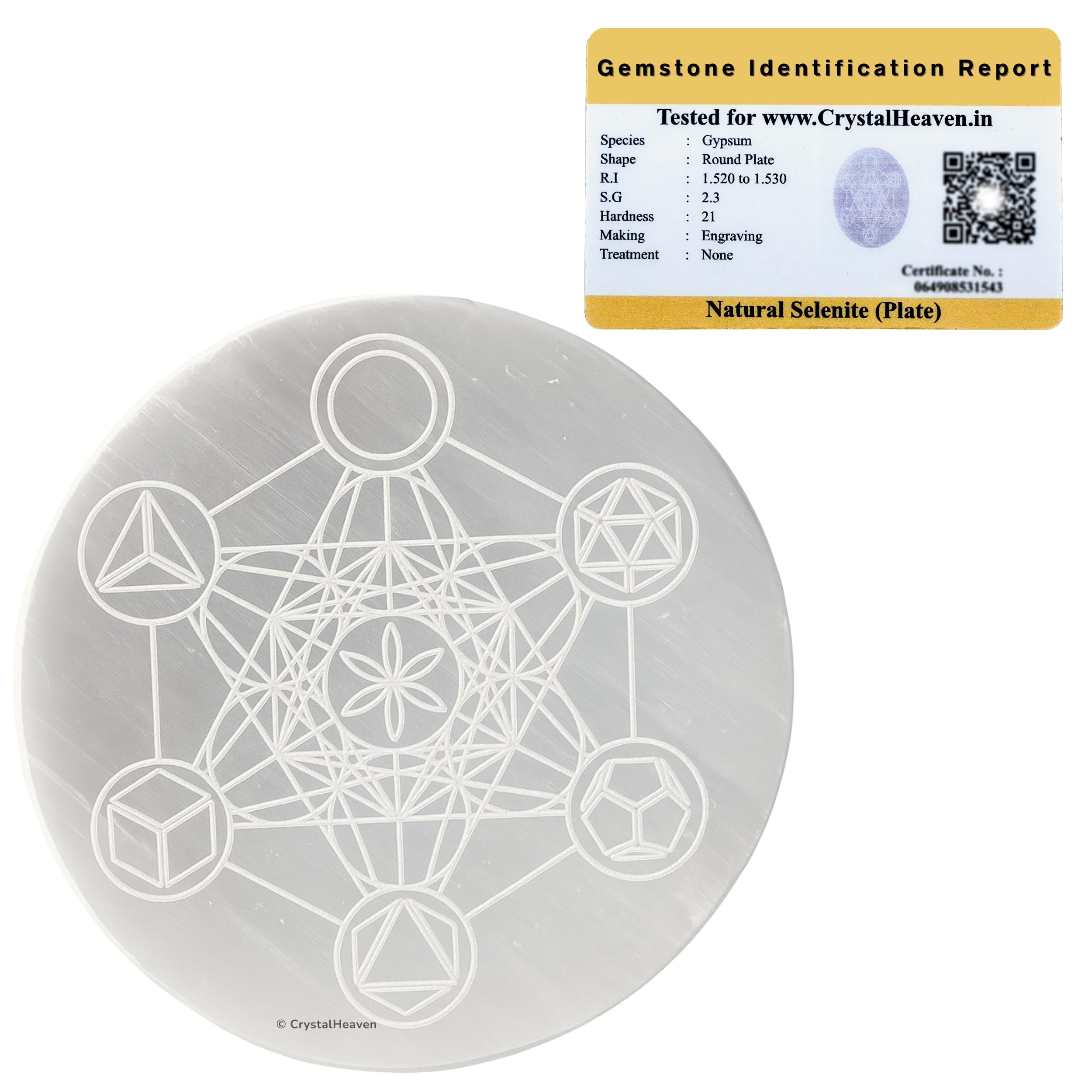 Crystal Heaven Certified Selenite Charging Plate, 3 Inch Engraved Platonic Solid Metatron Cube Selenite Plate For Cleansing Re-E