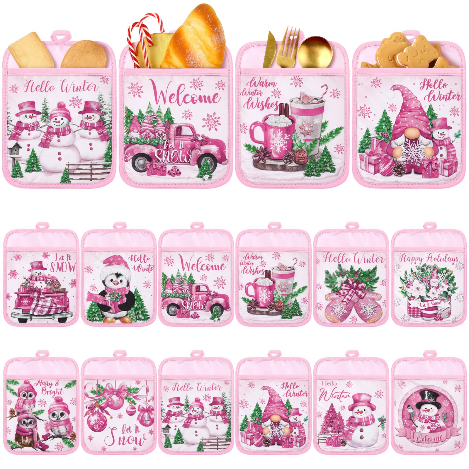 Jingmore 12 Pcs Pink Christmas Pot Holders with Pocket Hello Winter Pot Holders Gift Bulk Snowman Gnome Heat Resistant Hot Pads 