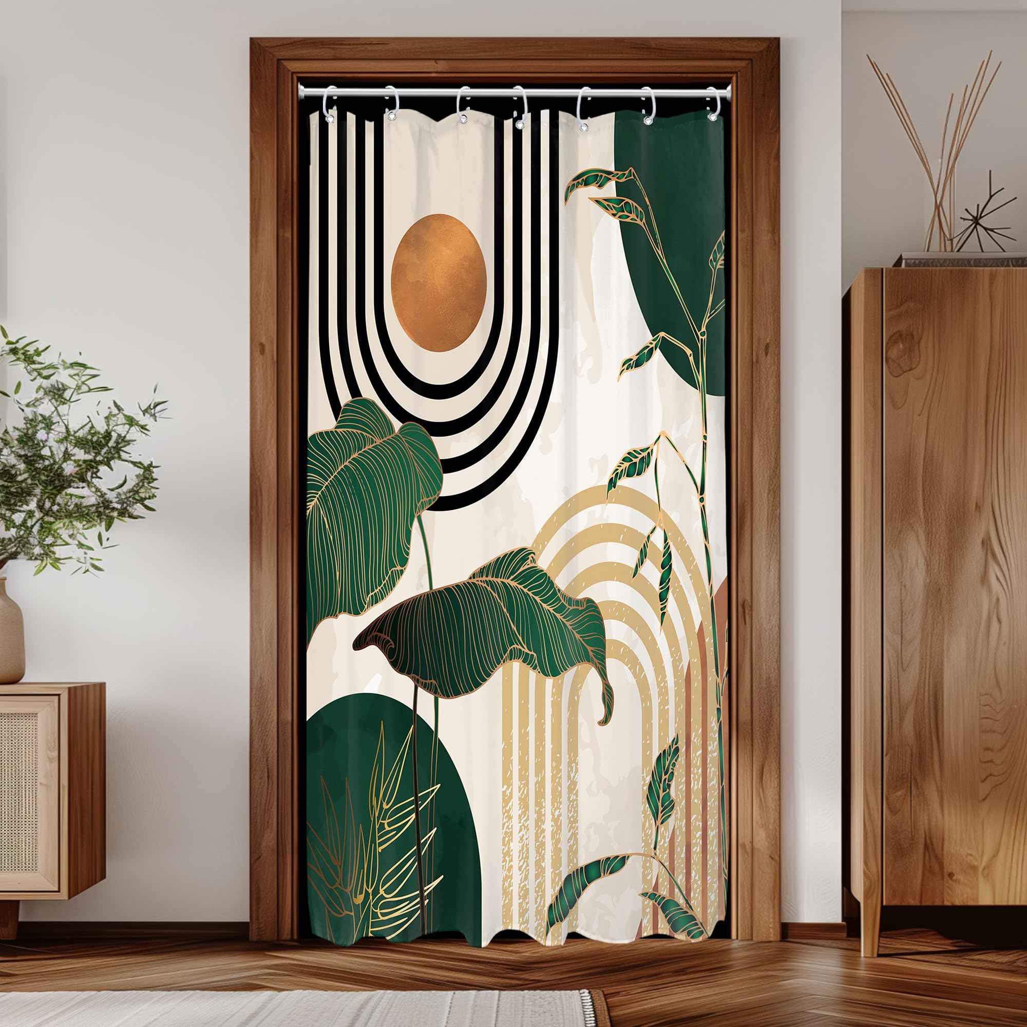 Glawry Small Stall Green Boho Mid Century Shower Curtain Abstract Retro Tropical Palm Tree Plant Sun Arch Minimalist Bathroom Mo