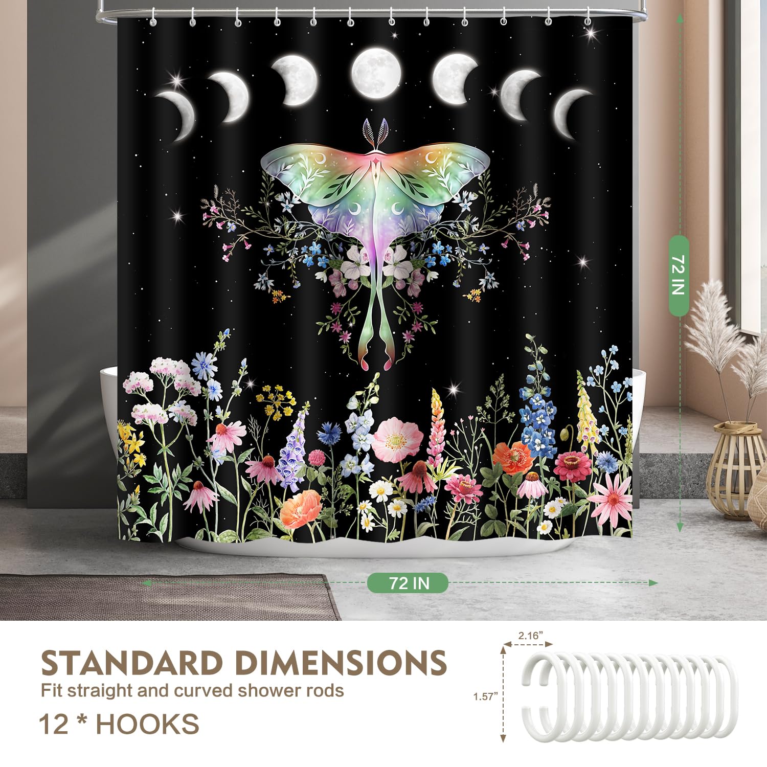 Lokigo Black Shower Curtain, Butterfly Moth Blossom Floral Shower Curtain 72Wx72H Vintage Gothic Moon Star Flowers Shower Curtai