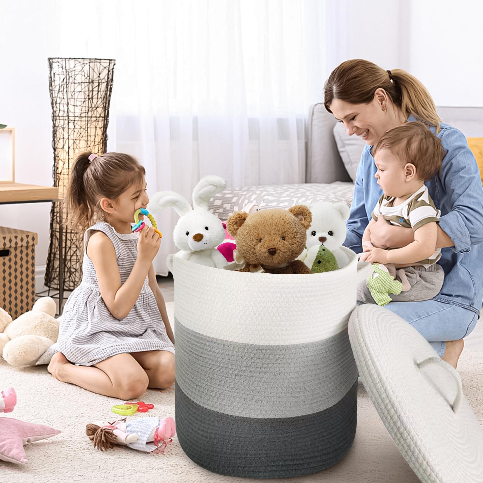 Large Storage Basket With Lid 60L, 16''Wx18''H Woven Laundry Basket With Lid Cotton Laundry Basket, Wicker Basket Blankets Pillo