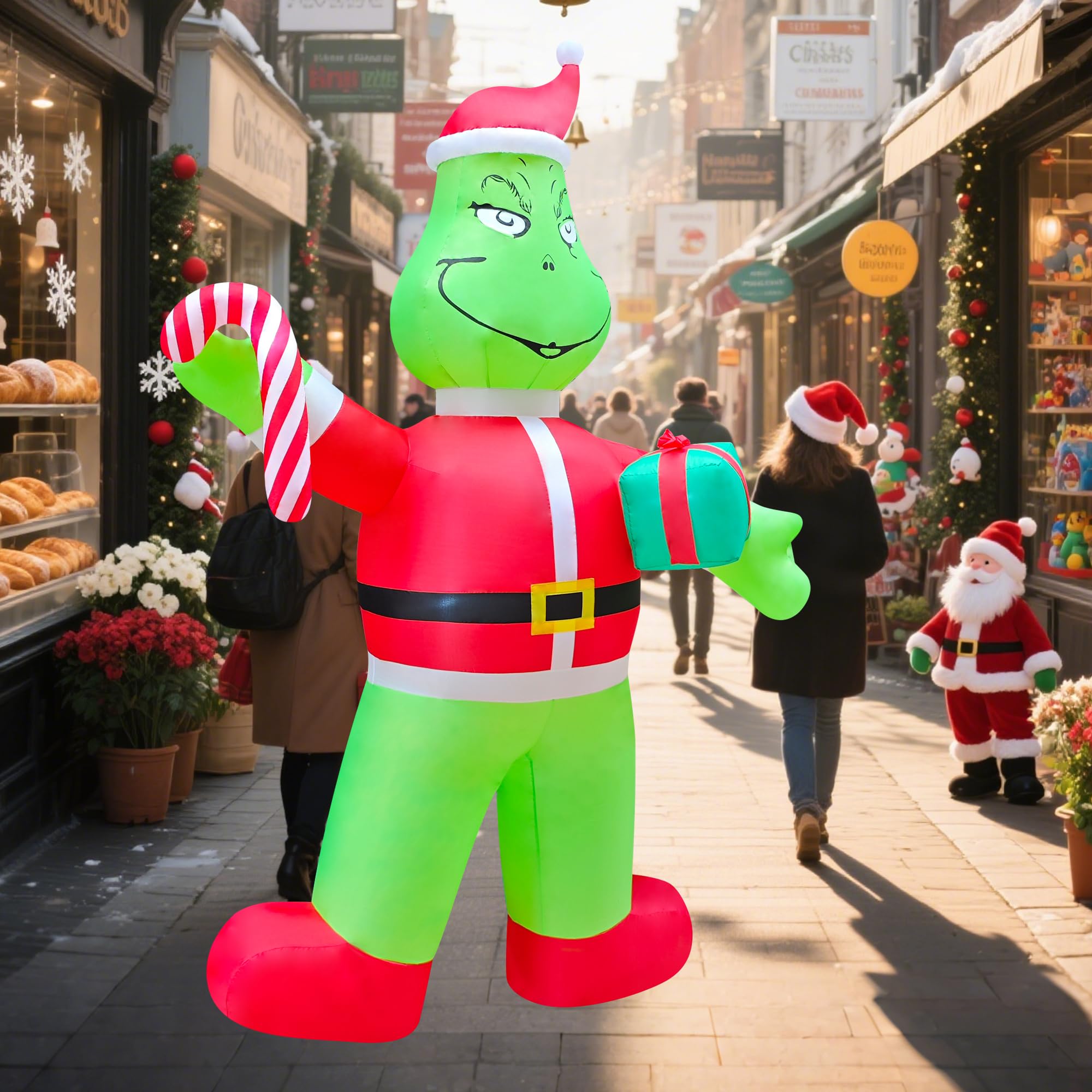 12ft Giant Christmas Inflatables Outdoor Decorations Blow up Santa Green Monster with Gift Box,Candy Cane, LED Lights for Yard D