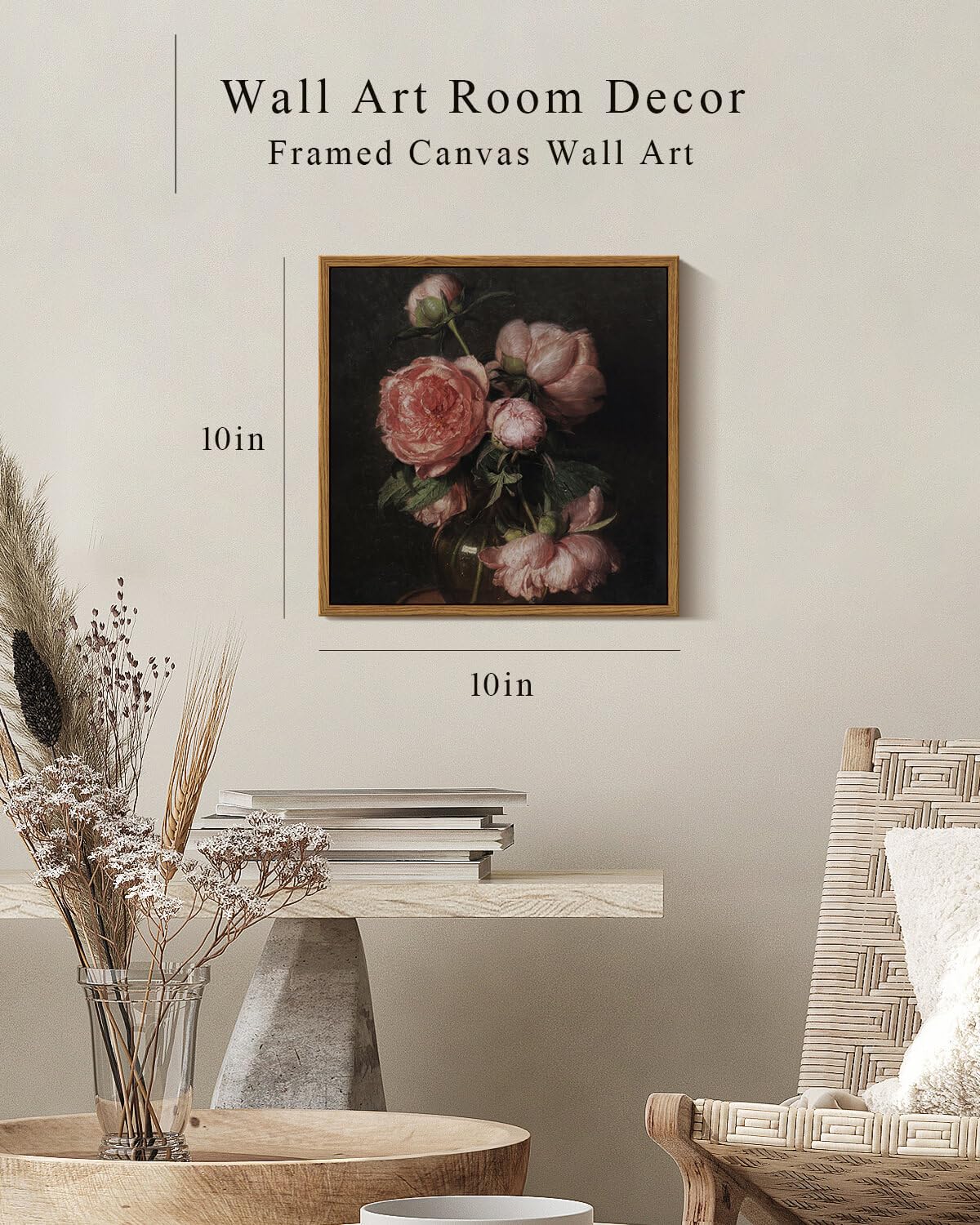 Insimsea Square Framed Canvas Wall Art, Flower Farmhouse Prints Vintage Floral Wall Art Peony Paintings Wall Prints, For Living