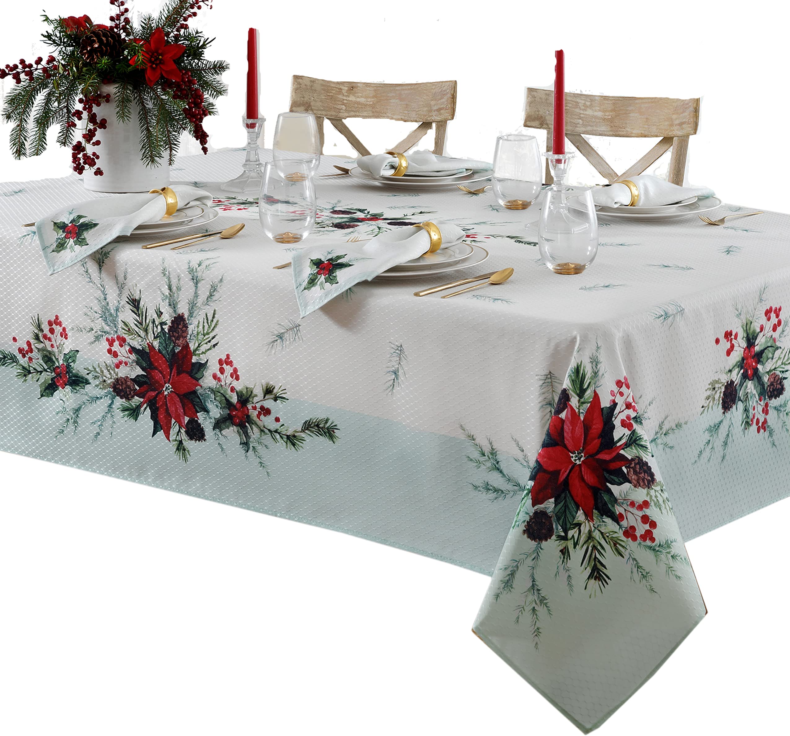 Lintex Holly Bough Stonewashed Border Traditional Christmas Tablecloth, Poinsettia And Holly Sprig, Sage Bordered Xmas Holiday E