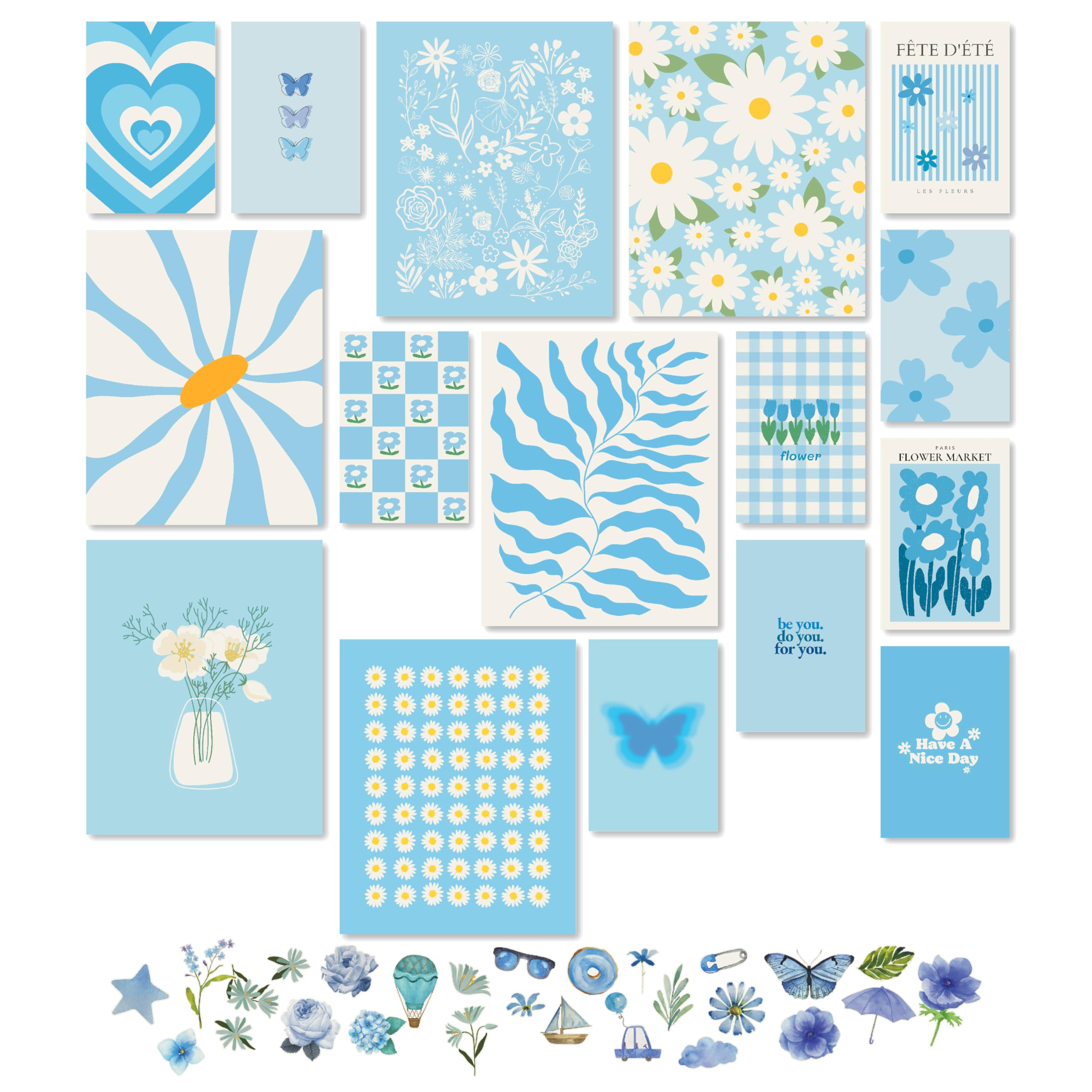 97 Decor Light Blue Wall Decor - Blue Room Decor Aesthetic, White Blue Posters, Light Blue Wall Art Prints, Blue Floral Botanica