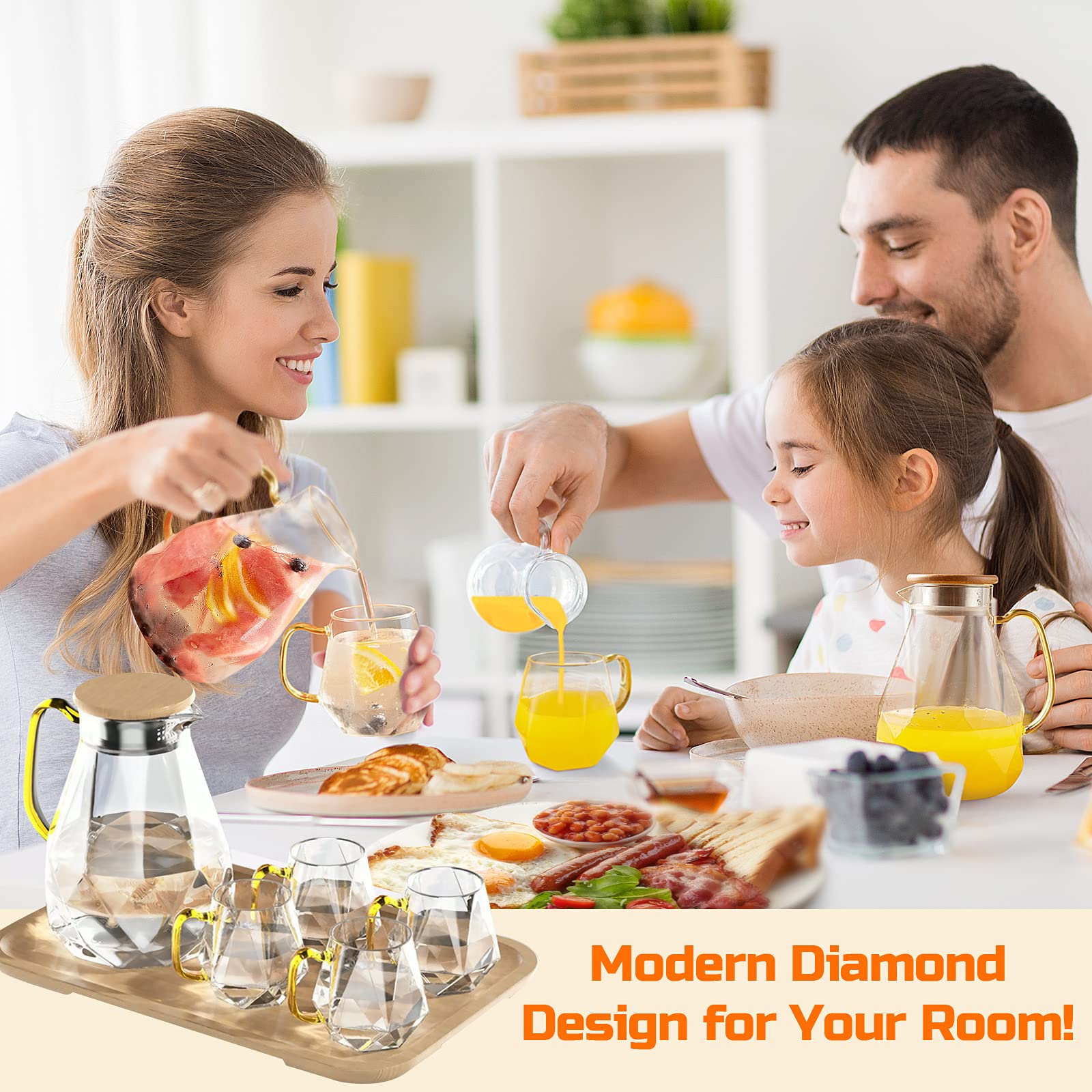 Dujust Glass Pitcher Set (68 Oz) With 4 Cups & 1 Tray, Elegant Diamond Design Water Pitcher With Handle, High Durability Glass J