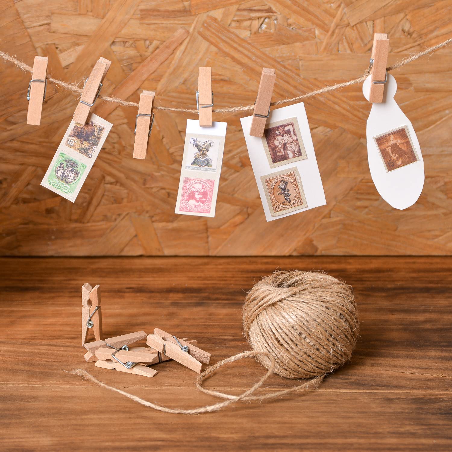 Hstech 100 Pcs Mini Natural Wooden Clothespins And 82 Ft Jute Twine, Baby Clothes Pins, 3.5 Cm Craft Photo Clips For Home School
