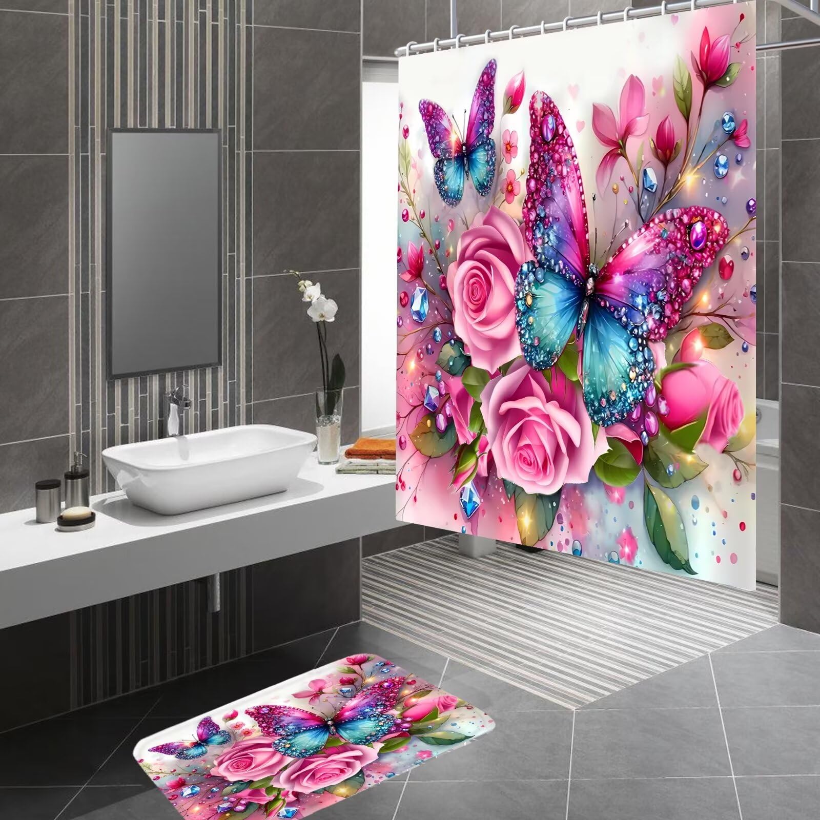 Ddqq 4Pcs Pink Glitter Floral Shower Curtain Set Rose Bathroom Sets Butterfly Diamond Shower Curtain With 12 Hooks Bathroom Deco