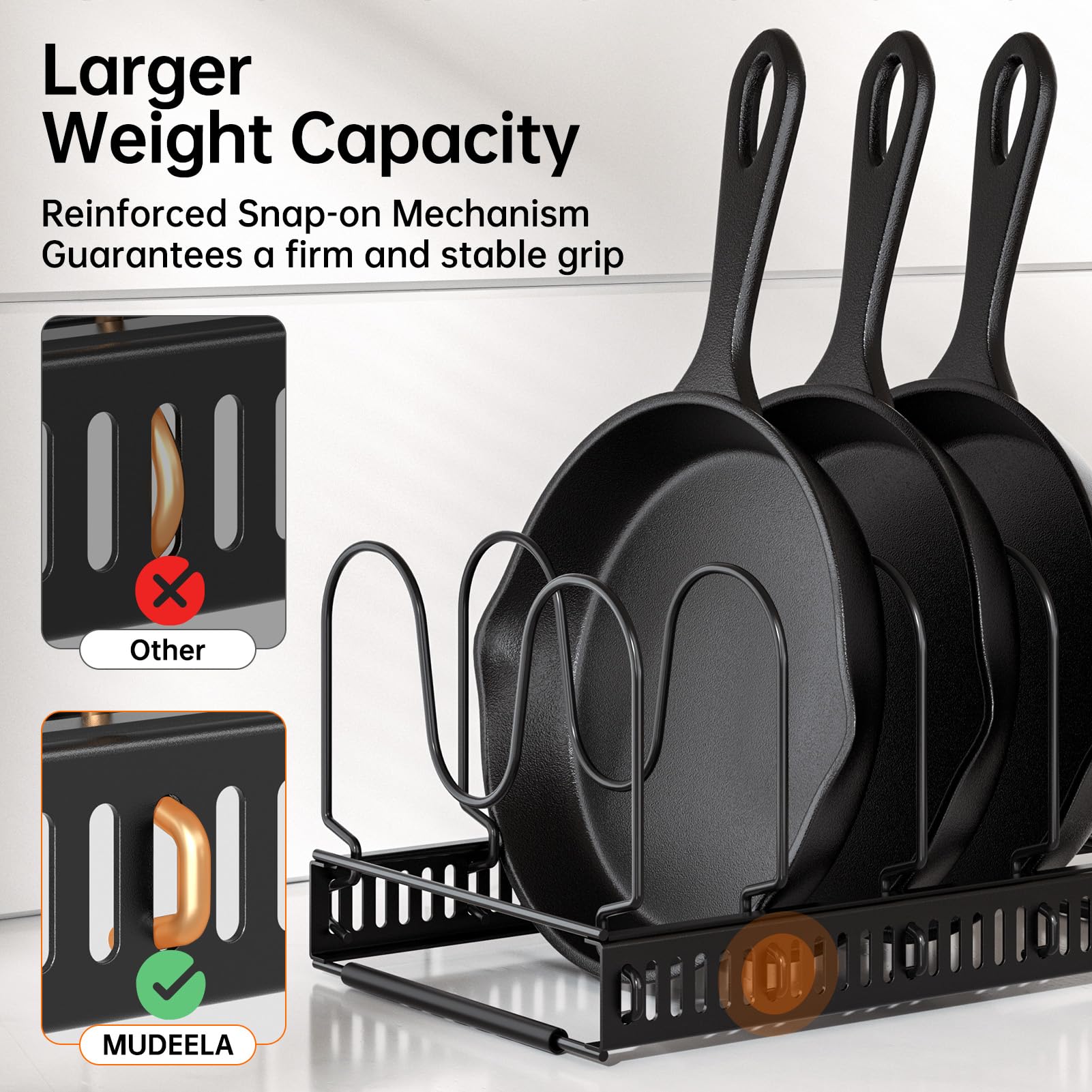 Mudeela Pots And Pans Organizer : Rack For Under Cabinet, Expandable Pot Lid Kitchen Cabinet Organizer Holder With 10 Adjustable