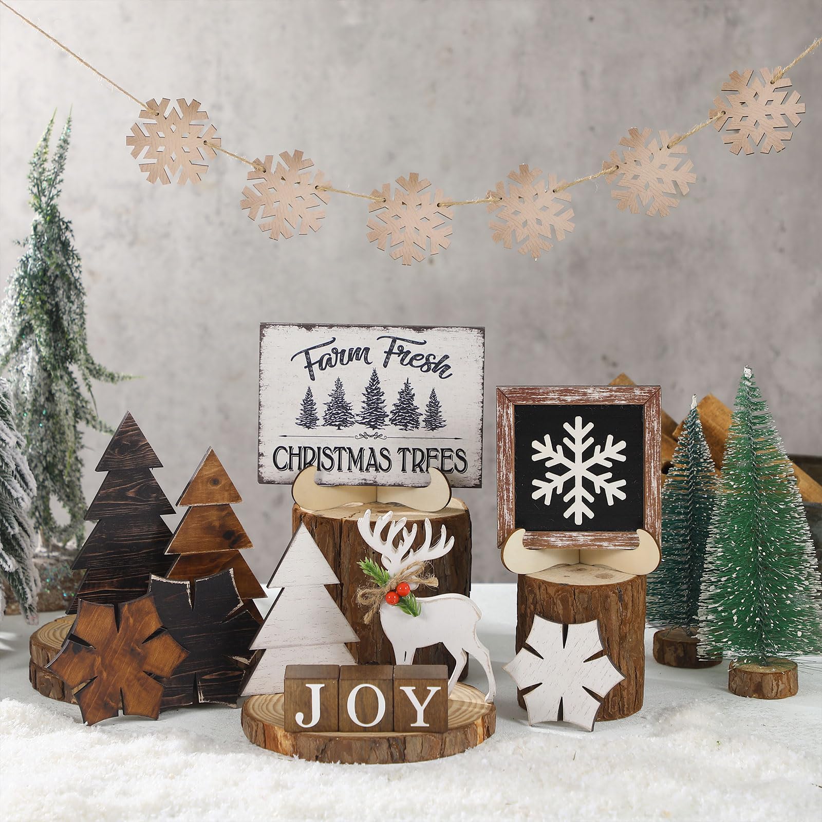 Yalikop 20 Pcs Neutral Christmas Tiered Tray Decor Set Neutral Christmas Snowflake Xmas Tree Wood Sign Rustic Farmhouse Tray Dec