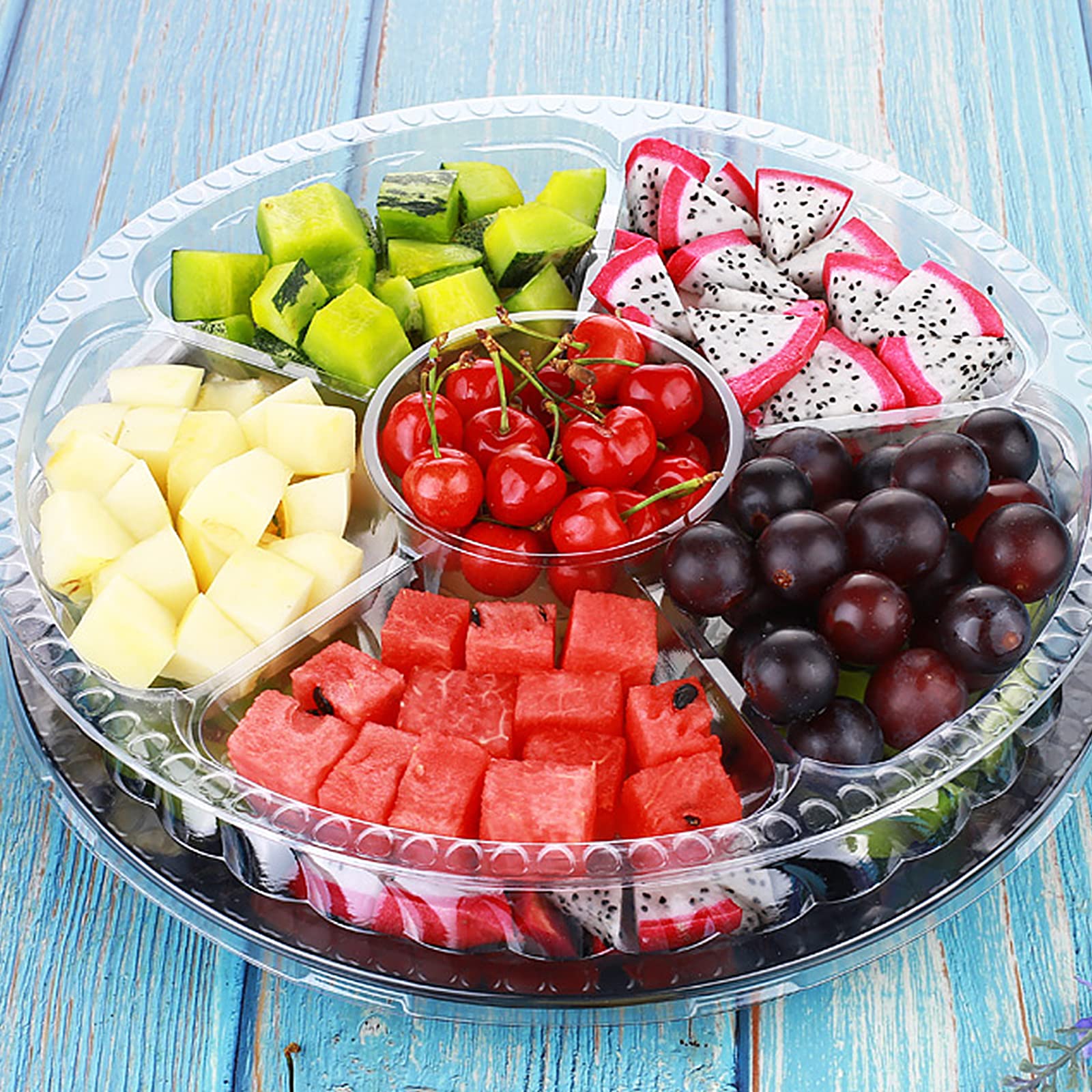 10 Pcs Round Plastic Appetizer Tray With Lid - Divided Serving Tray, Disposable Food Storage Trays Containers, Plastic Tray Stor