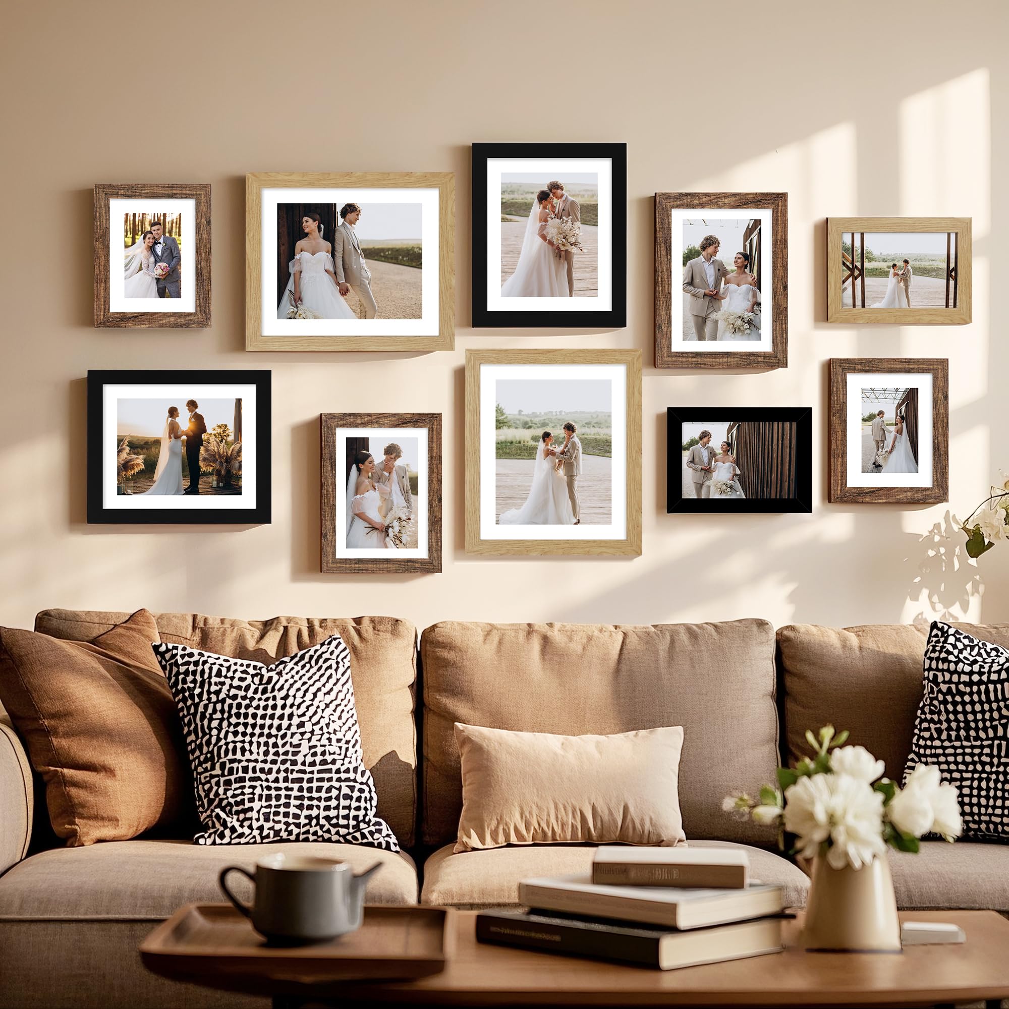 Hongkee 6x8 Picture Frame Set of 4, Made of Real Glass and Natural Oak Frame - Display Picture 4x6 with Mat or 6x8 Without Mat,