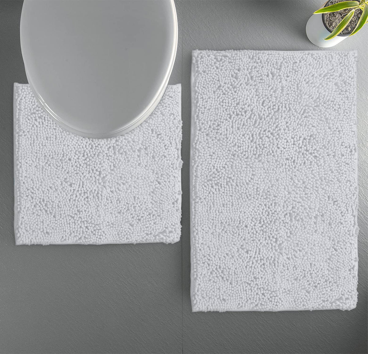 White Bathroom Rugs Sets 2 Piece, Luxury Chenille Bath Mat Set, Soft Plush Anti-Slip Bath Rug + U-Shaped Toilet Mat. Super Absor