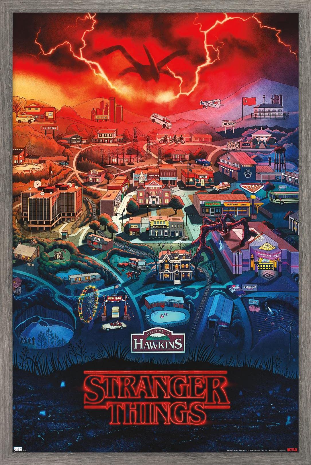 Trends International Netflix Stranger Things: Season 4 - Hawkins, Indiana Wall Poster, 22.375'' X 34'', Barnwood Framed Version