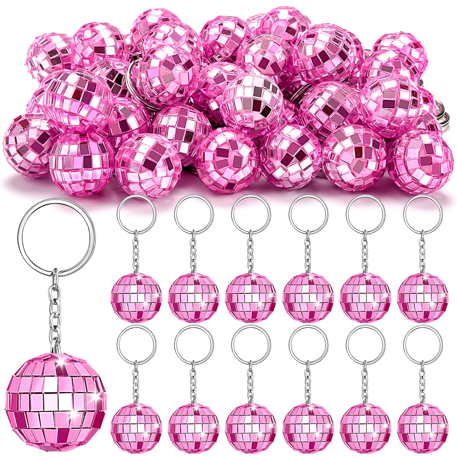 ZHWKMYP 75Pcs Pink Disco Ball Keychain, Mini Small Pink Mirror Disco Ball Bulk Keyring Party Favors for 70s 80s Party Supplies D