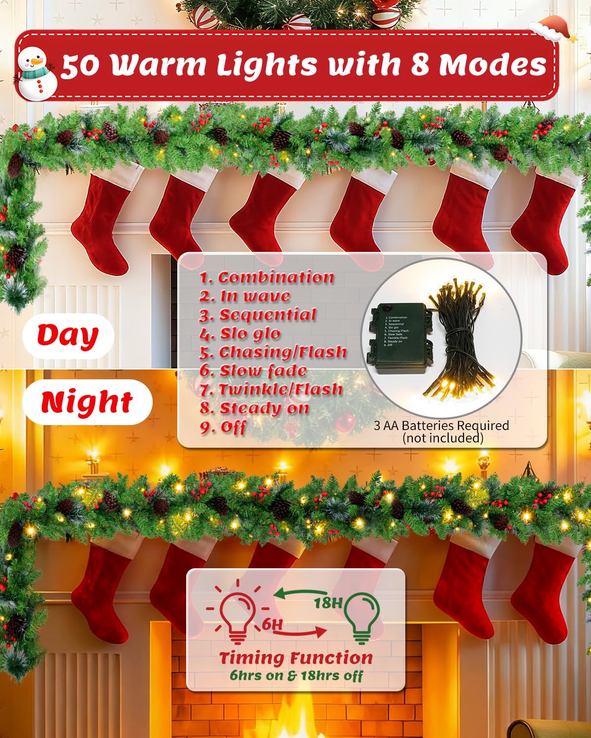 9ft Christmas Garland with Snow, Pinecones, Red Berry,50 Battery Operated Soft White LED Lights with Timer,Artificial Holiday De