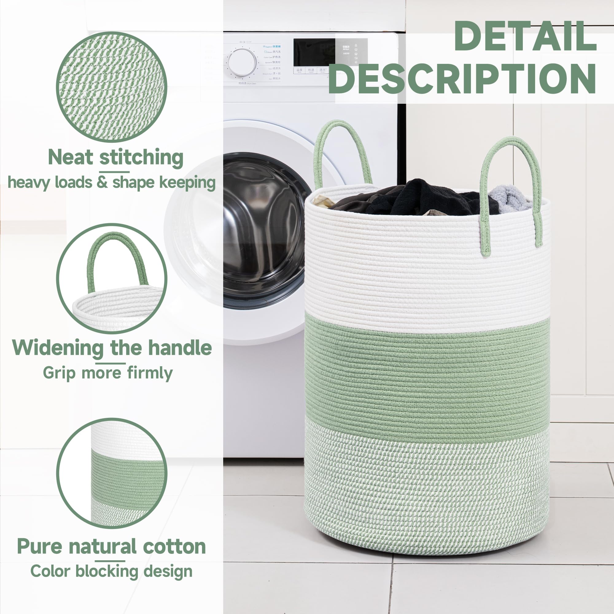 Clhmily&Z 80L Laundry Basket Round Storage Rope Basket - 16.5X22.5 Inches - Green Hamper In Bedreoom And Cute Storage Bin For Bl