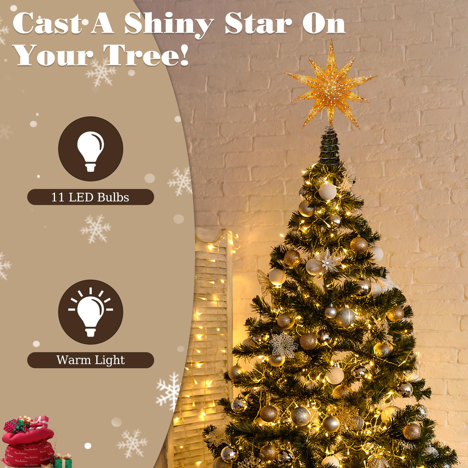 Lewondr Christmas Tree Topper Star, 13 Inch 10-Pointed Light Up Xmas Star Treetop with Plug and Remote Control for Home Christma