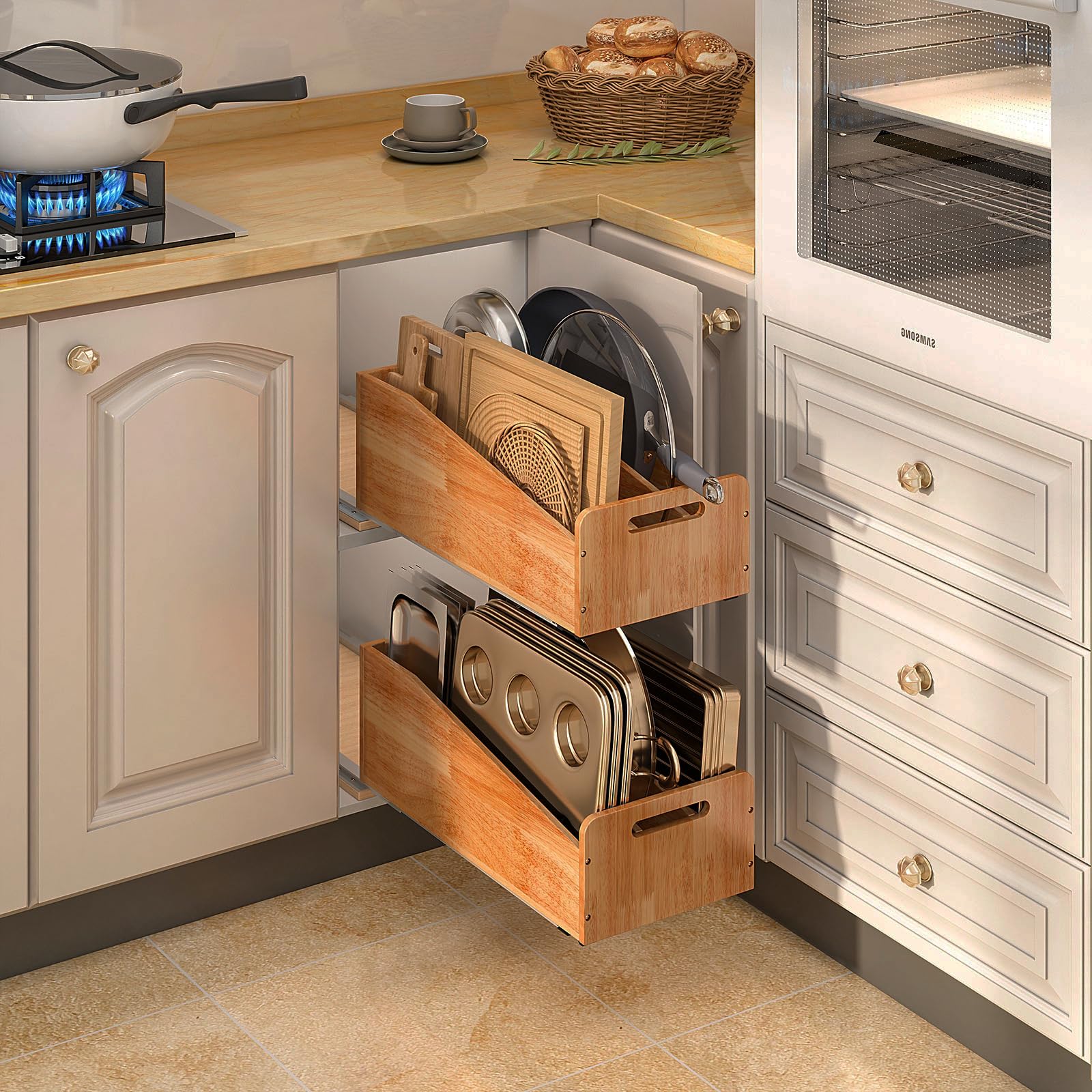 Dindon Pull Out Cabinet Organizer For Pans, Cookie Sheet, Bakeware, Cutting Board, Slide Out Kitchen Cabinet Storage Organizer R