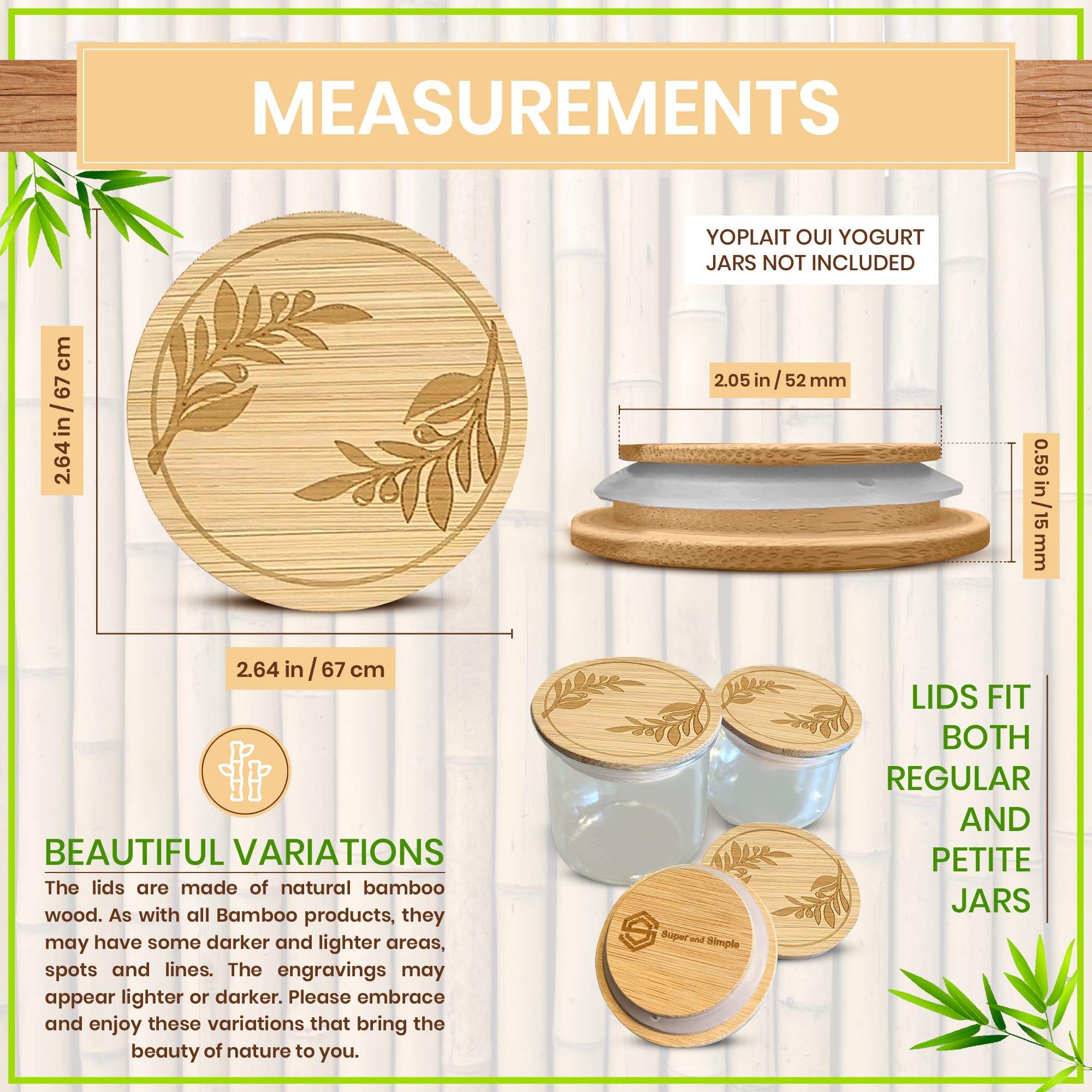 4-24 Lids With Olive Branches Design Or Choose Another Design | Reusable Bamboo Wood Lids For Yoplait Oui Yogurt Jars With Air-T