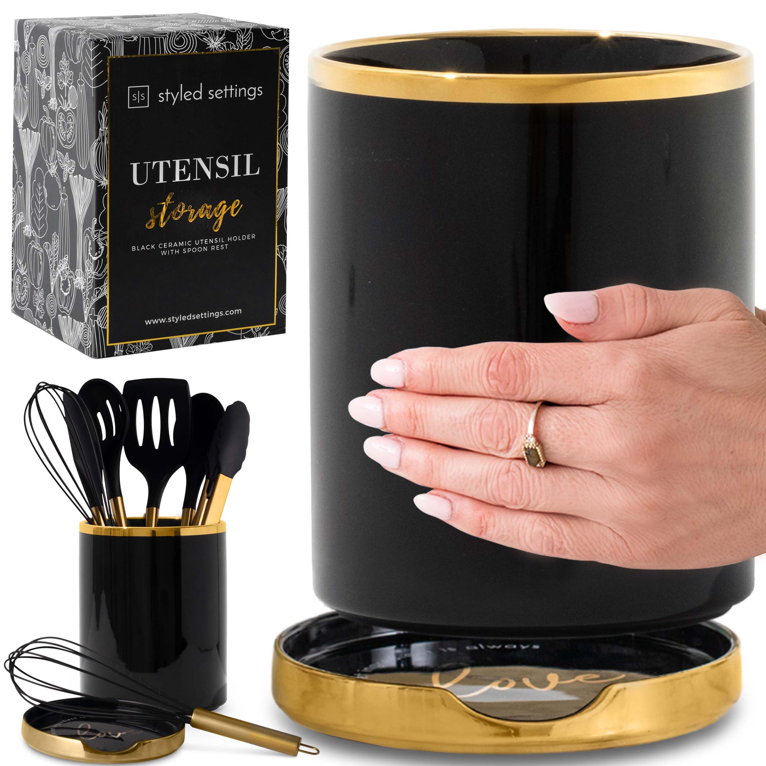 Styled Settings Black And Gold Utensil Holder With Built-In Spoon Rest - 2 Pc Large Ceramic Utensil Holder Includes Black & Gold