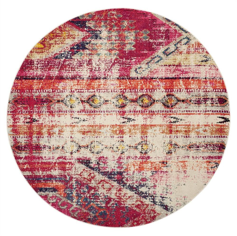 SAFAVIEH Monaco Collection 67 Round Magenta / Multi MNC222D Boho Chic Tribal Distressed Non-Shedding Dining Room Entryway Foyer