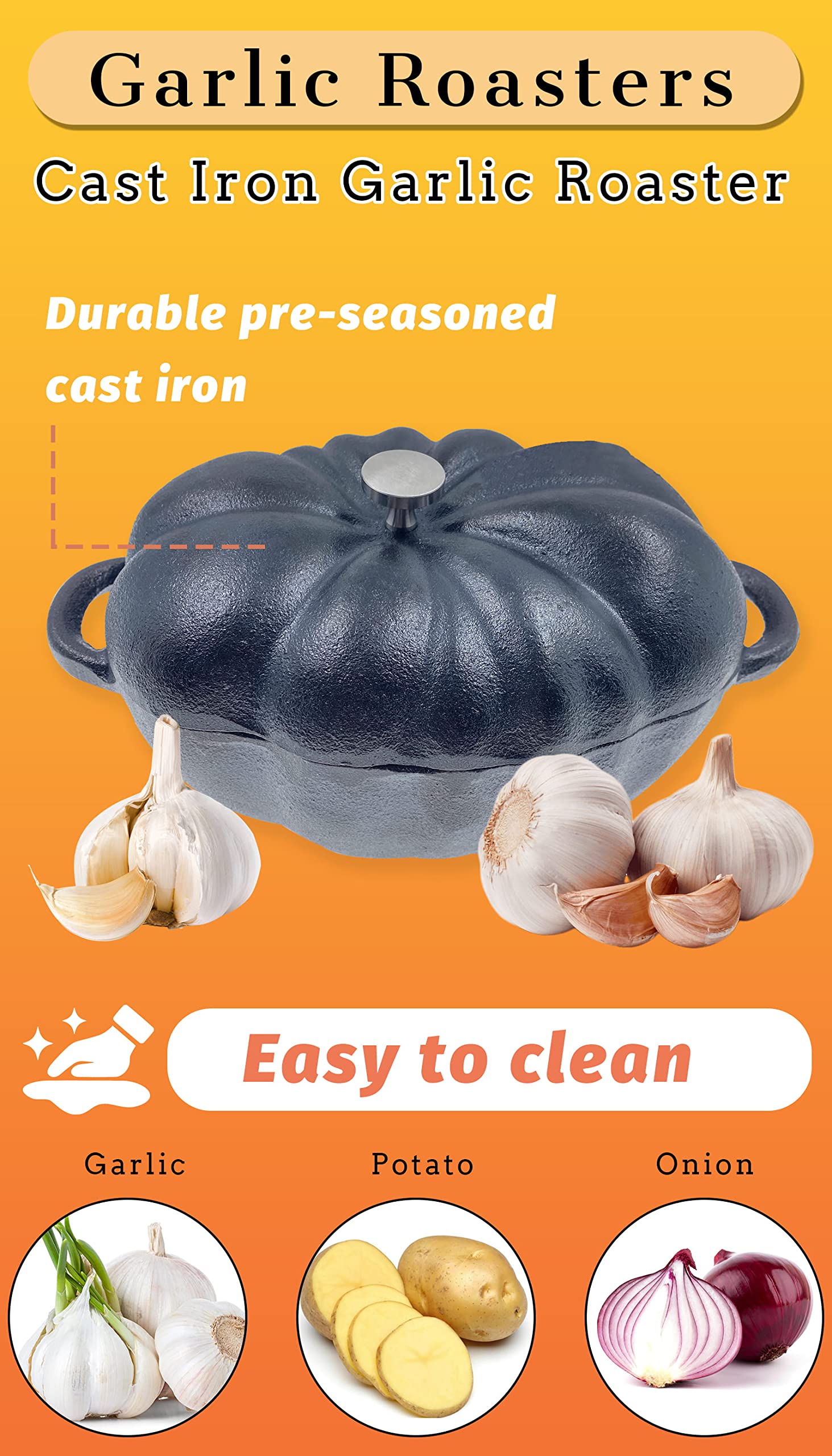 Aokdeer Garlic Roaster, Pre-Seasoned Cast Iron Garlic Roaster Oven Baker And Garlic Presses Set For Kitchen, Pumpkin Soup Pot Ca
