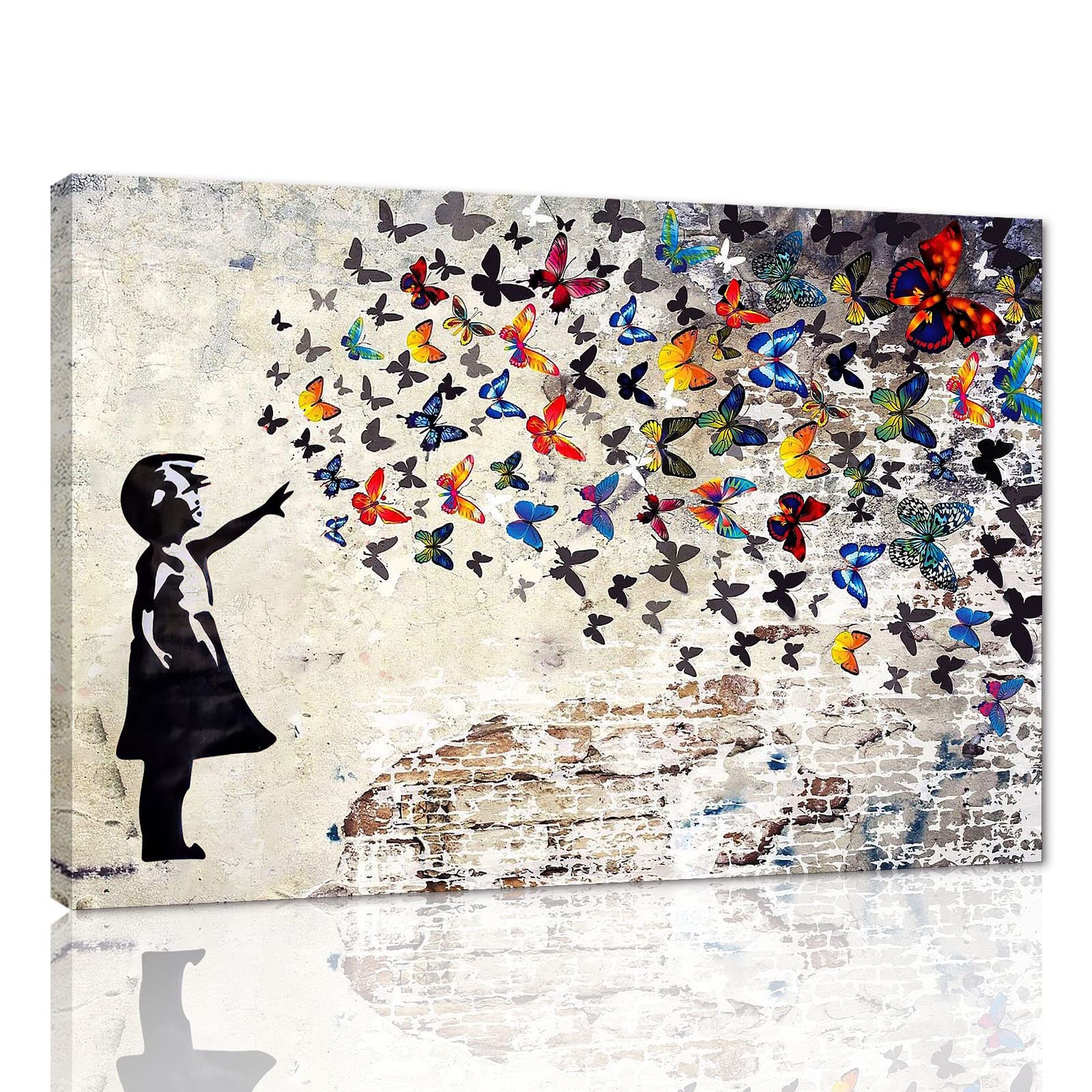 Colorful Graffiti Street Canvas Wall Art Funny Butterfly Banksy Street Art Mural Pop Art Modern Home Office Wall Decor Framed Ca