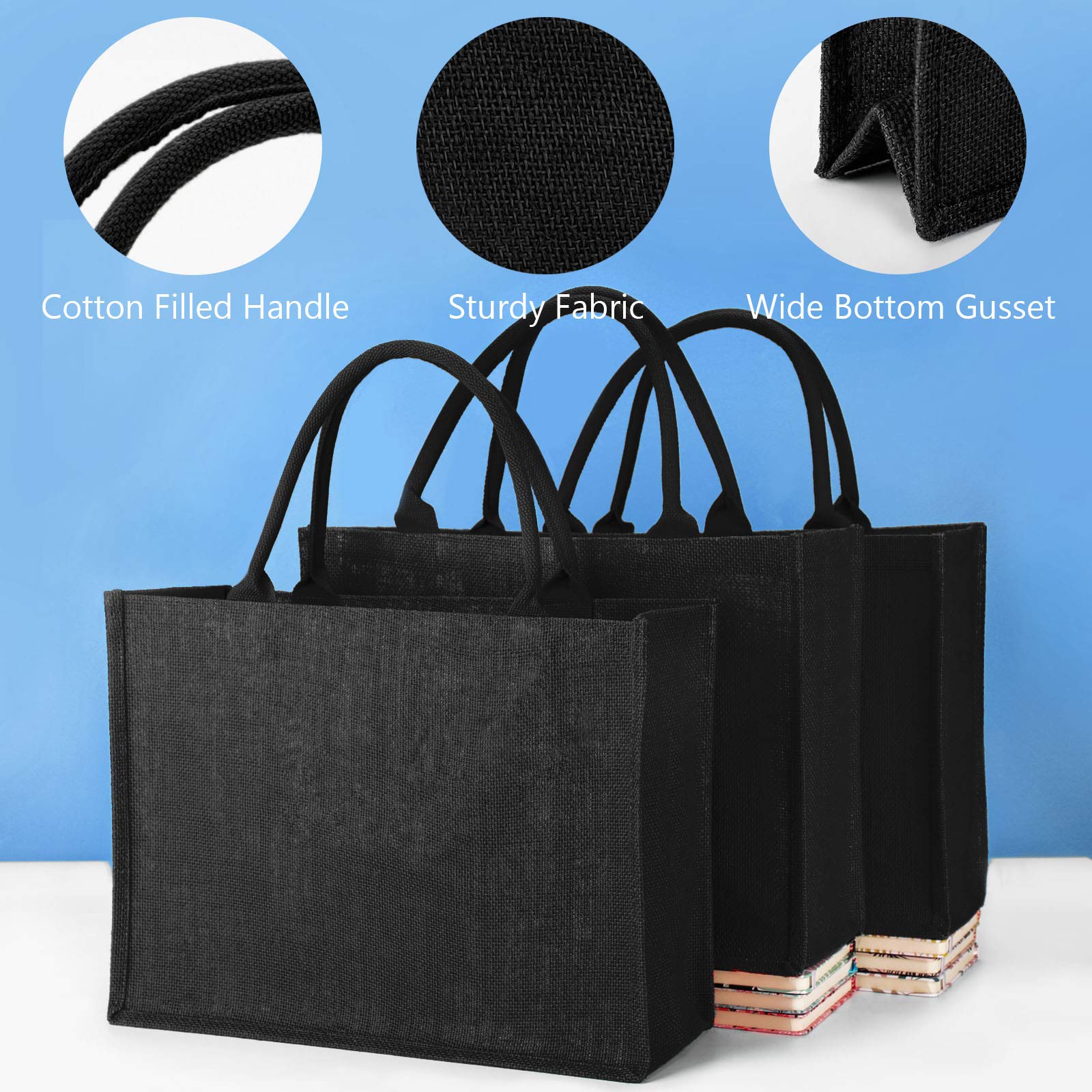 Segarty Tote Bags  6 Pack Large Black Burlap Jute Reusable Canvas Gift Favors Bag with Handles Blank Totes Bulk for Bridesmaid Wedding  Women Market Grocery Shopping  Bachelorette Party  Beach Trip