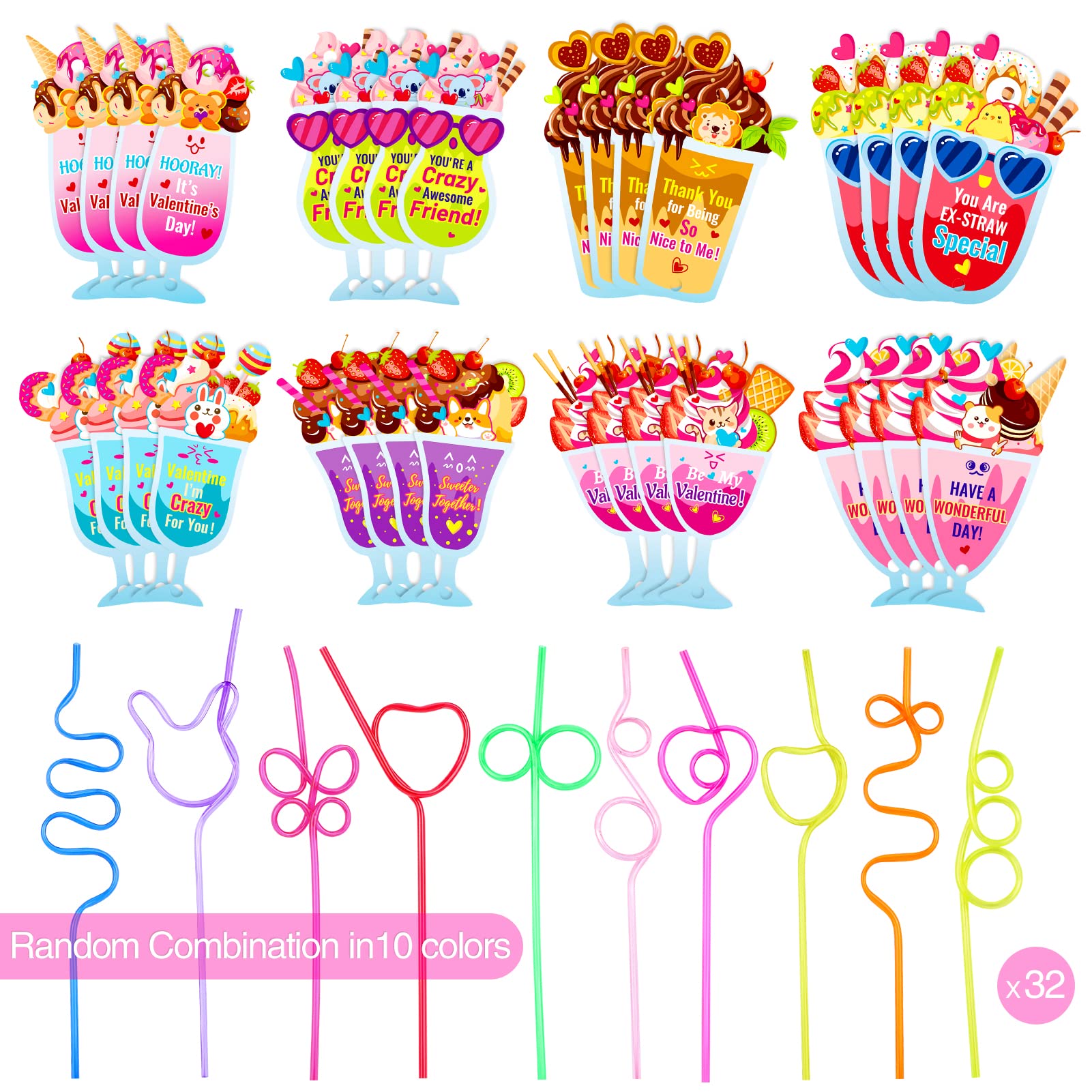 Qpout 32 Pack Valentines Day Cards For Kids,Funny Gift Cards With Loops Reusable Drinking Straws For Boys Girls Classroom Exchan