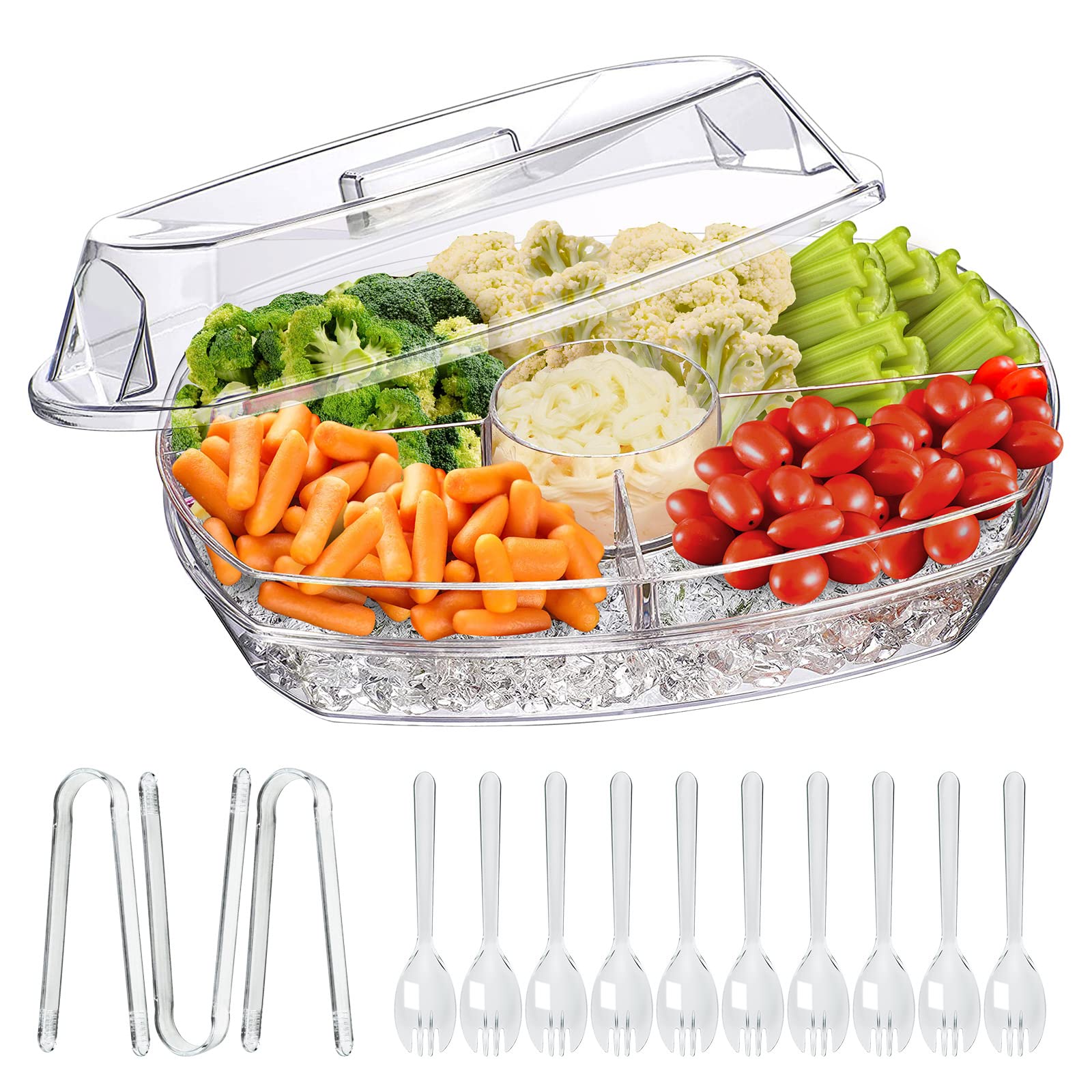 Limoeasy Chilled Veggie Tray, 15 Inch Clear Party Platter With 4 Compartments, Ice Serving Bowl With Lid, Cold Food Buffet Serve