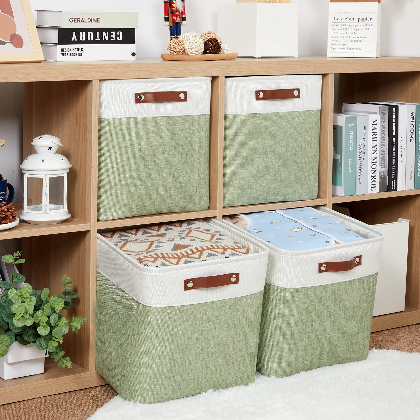 HNZIGE Collapsible Fabric Storage Cubes 13x13x13 Set of 4 Decorative Storage Basket Bin with Handles Storage Cube Basket for Organizing Clothes  Toys  Closet  Nursery(Green White)