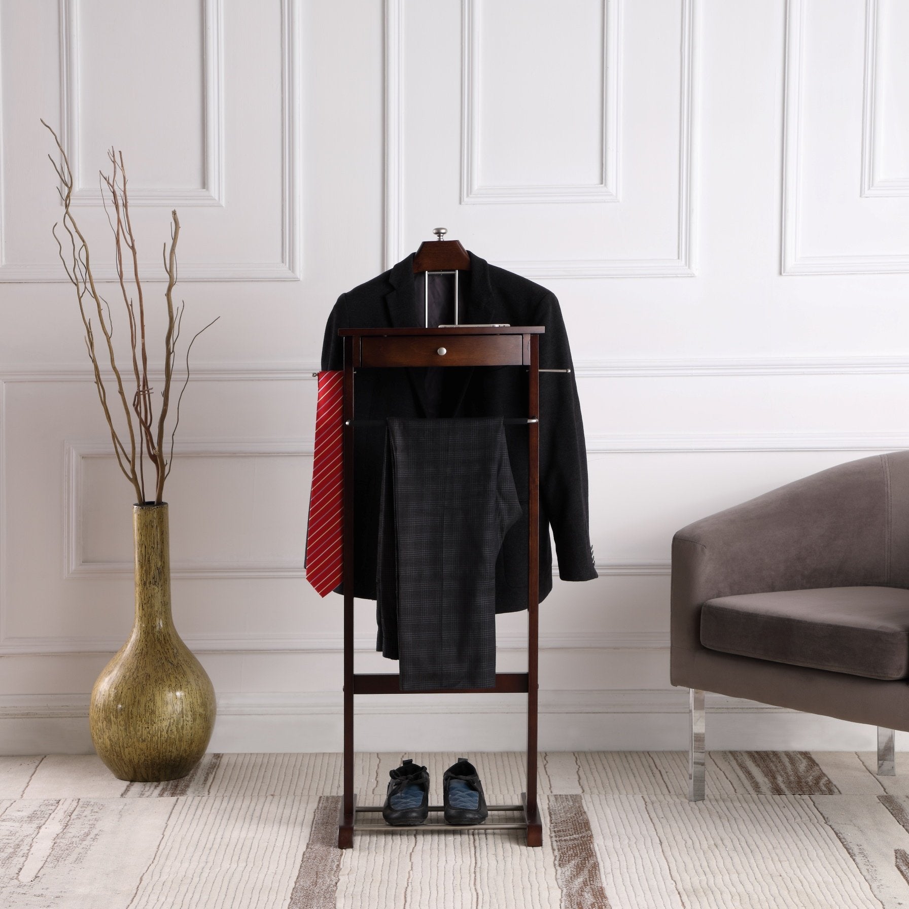 Proman Products Kingston Iii Valet Stand With Drawer, Contour Hanger, Trouser Bar, Tie & Belt Hooks And Shoe Rack - Vl16260