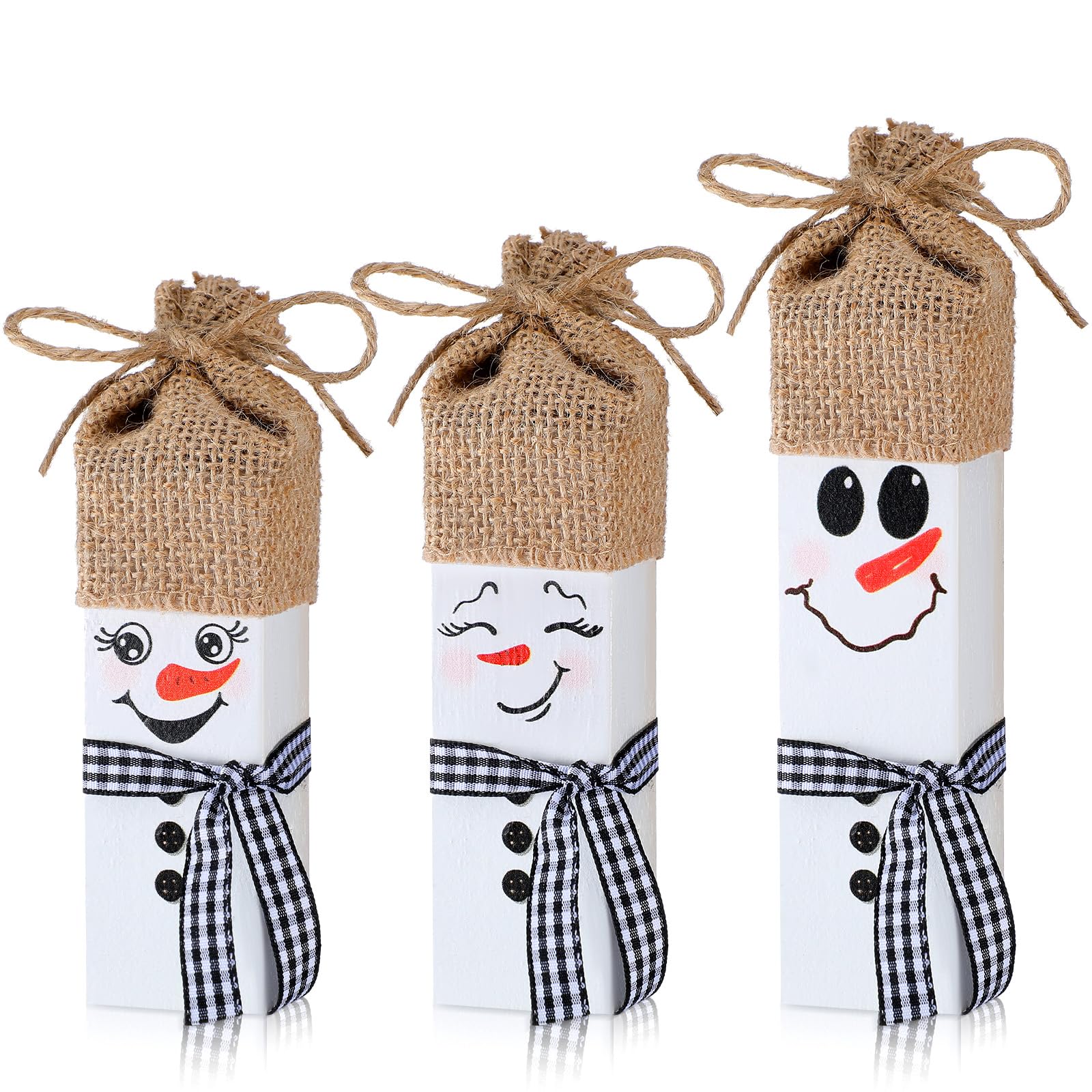 Yousoontic 3 Pcs Christmas Snowman Table Decorations Wooden Snowman Table Block Sign with Hat Plaid Winter Tiered Tray Decor Chr