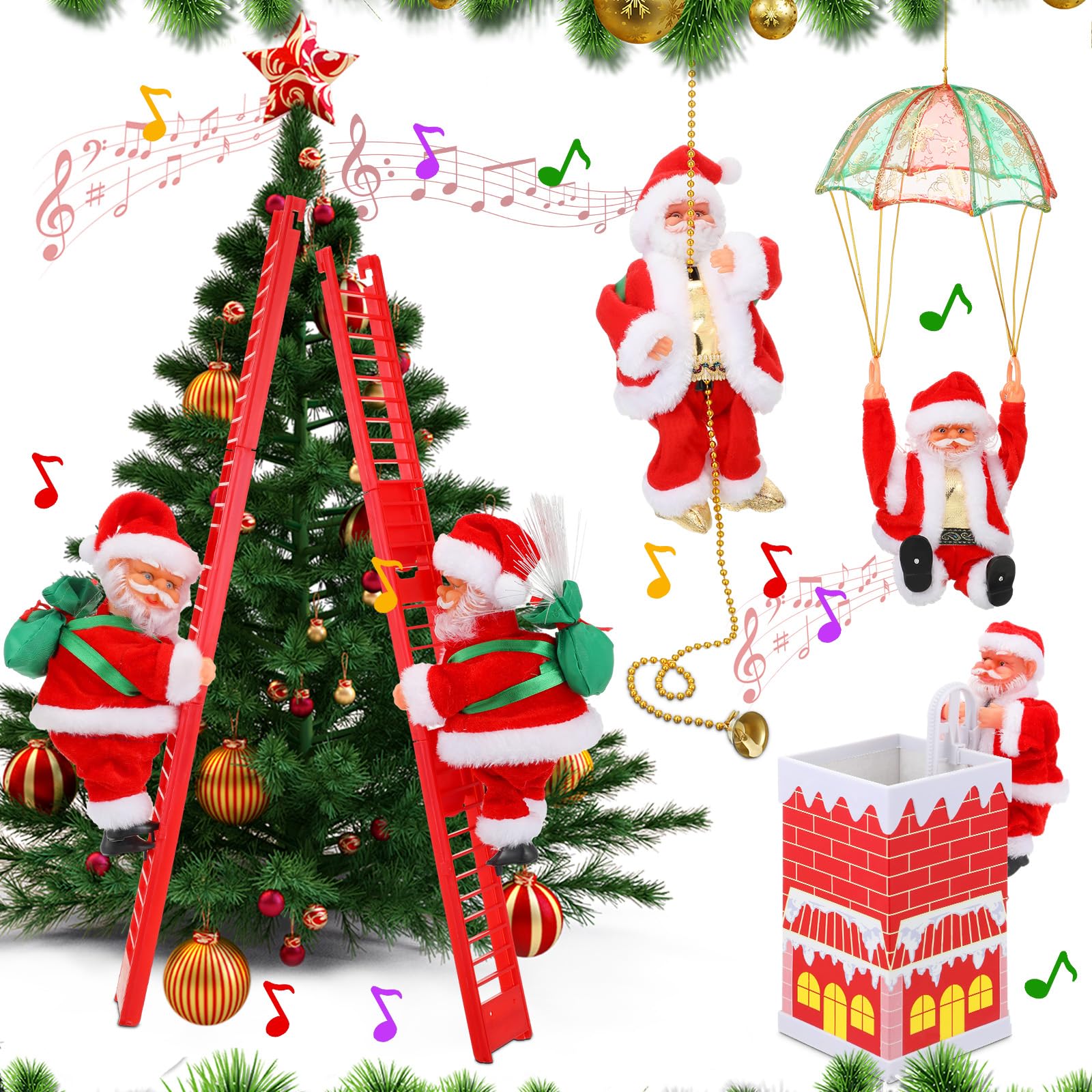 Poen 5 Pcs Electric Climbing Santa Decoration - Santa Claus Climbing Tree Rope Ladder Parachute Somersault Musical Hanging Ornam