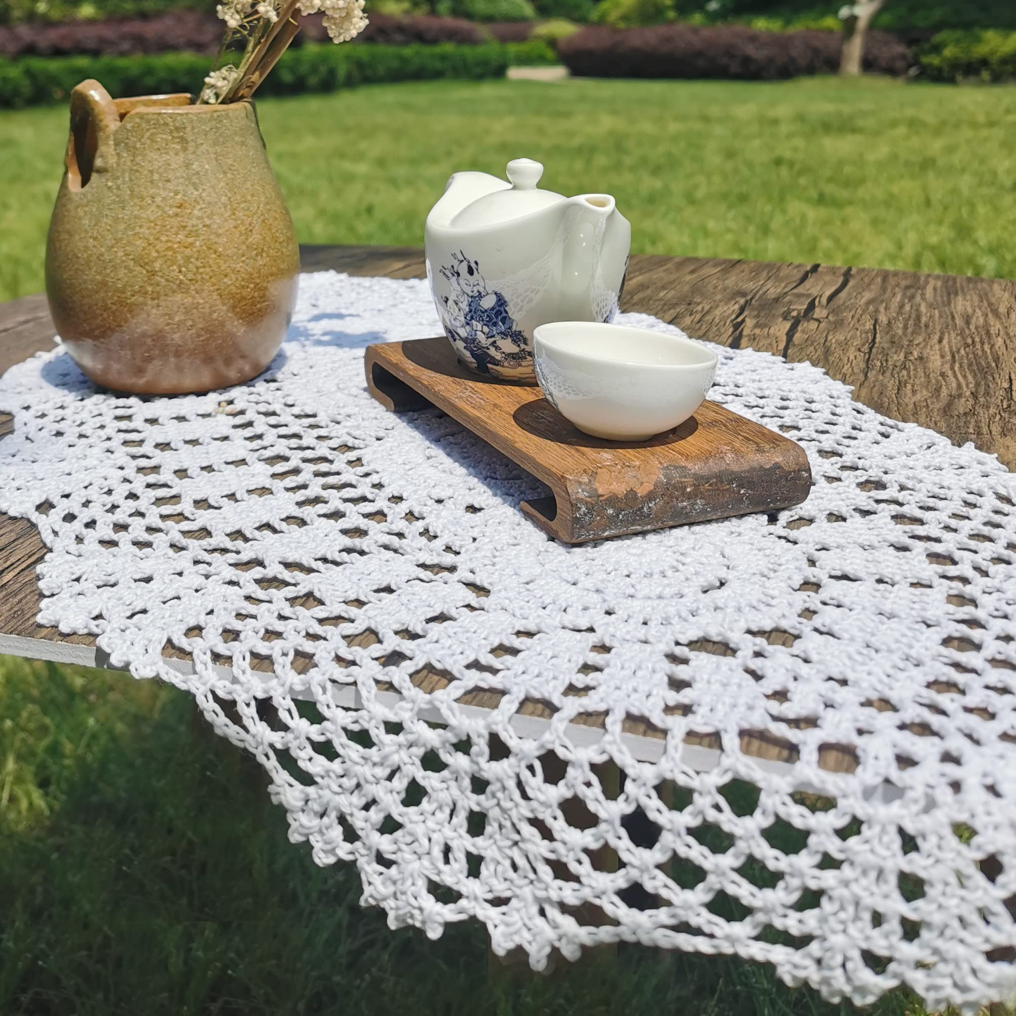 Phantomon Oval Lace Table Runner Doilies Floral Table Scarf Furniture Cloth Cover Handmade Crochet Placemats, 100% Cotton (White
