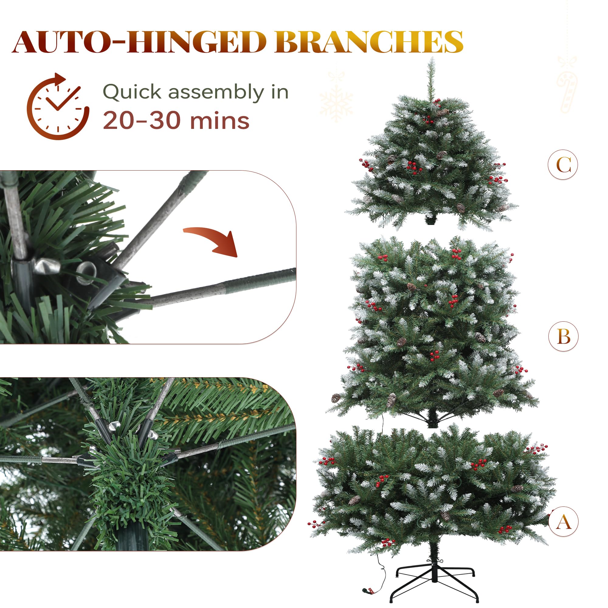 YITAHOME 6FT Prelit Frosted Green Artificial Christmas Tree with Remote, Pre-Decorated Christmas Tree w/ 1838 Tips, 80 Pine Cone