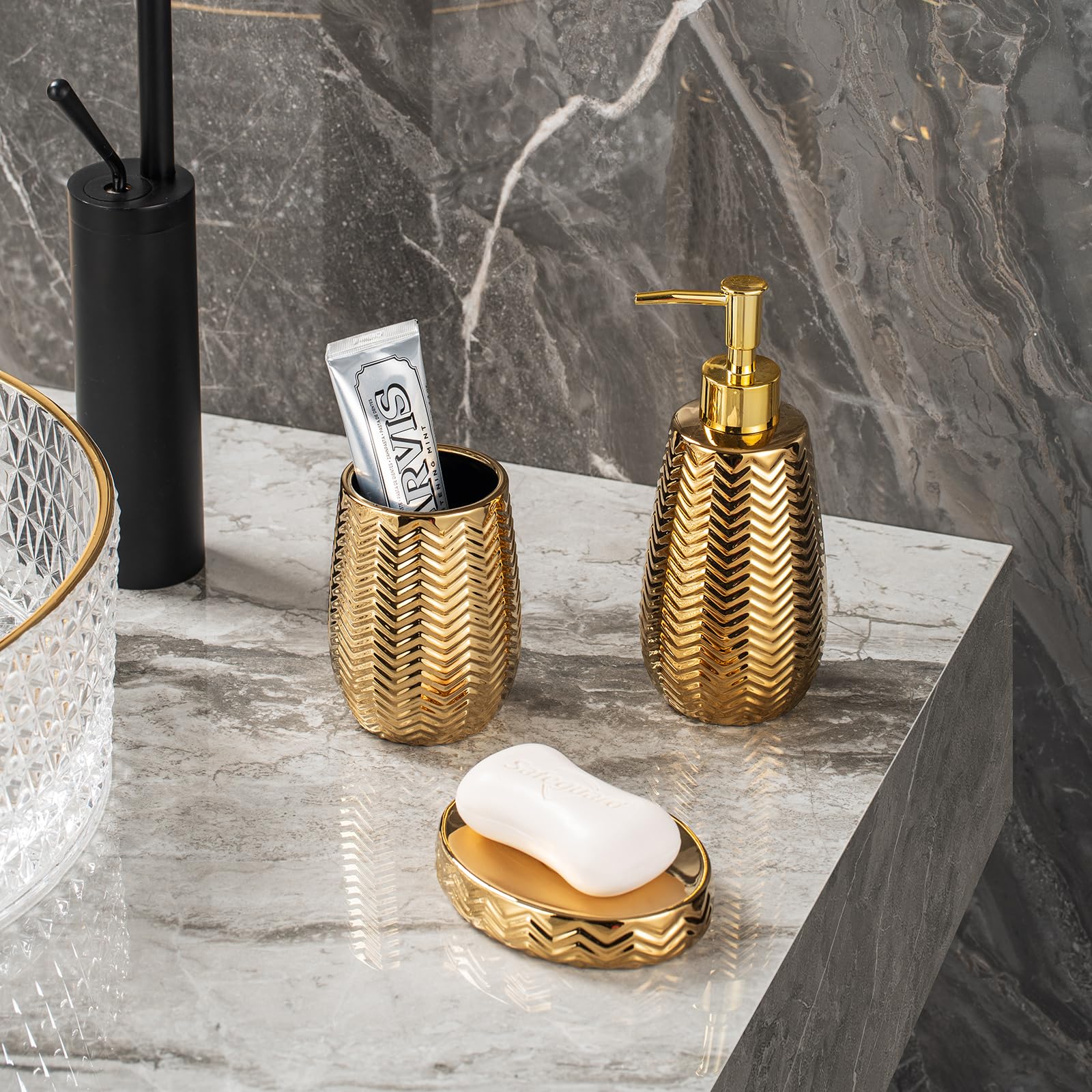 Gold Bathroom Accessories 3Pcs Stylish Bathroom Accessories Set Gold Soap Dispenser Pump, Tumbler And Soap Dish Modern Decor Wav